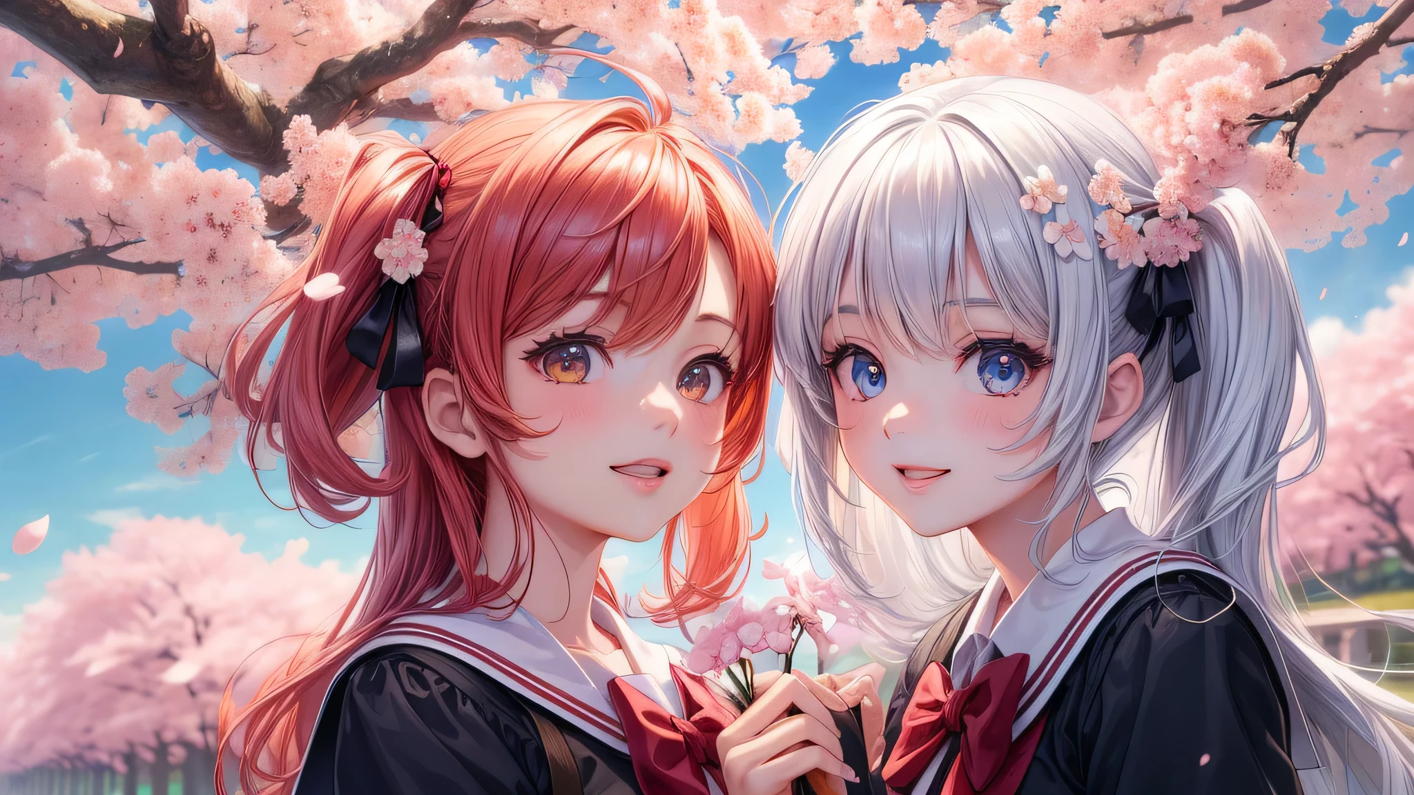 (2 girls:1.2), cute face, shining smile, twin tails, (school uniform, mini skirt:1.2), (highest quality: 1.4), (Super detailed), (highest quality:1.4), (super detailed), (cherry blossomsのトンネル in full bloom, cherry blossomsのトンネル), road, Day光, cherry blossoms, cherry blossoms, Sunny, cloud, Day, blue sky, (anime illustration), very high resolution, (Upper body), close up face