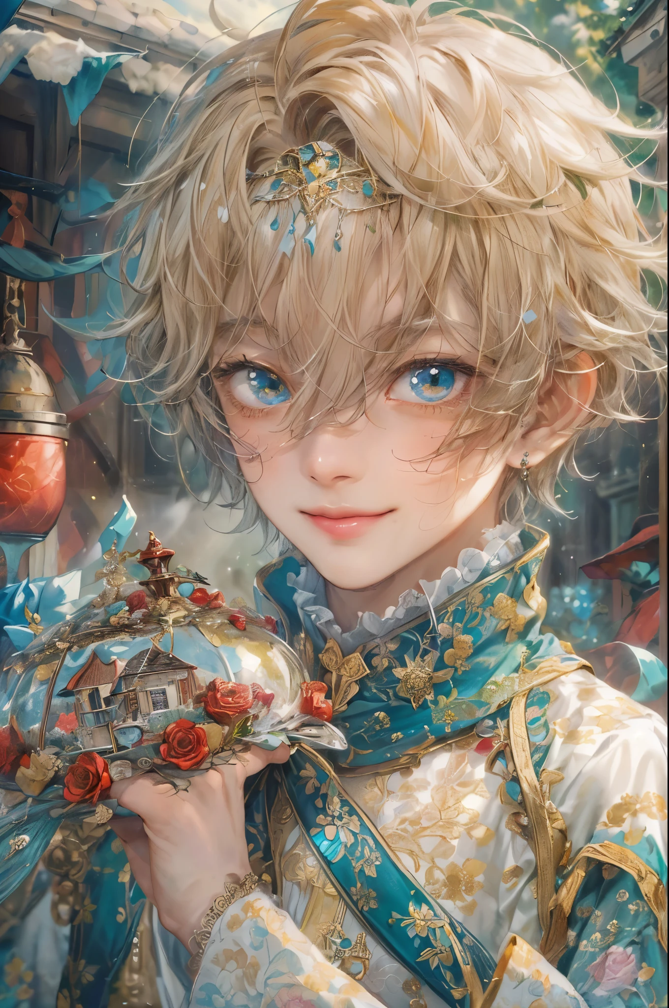 ((absurdres, highres, ultra detailed), 1 boy , front view, young boy, handsome boy villain character from sugar sugar rune, short hair, anime eyes, mage clothes with colorful details, eyes on the viewer, add red details to picture and smirk, dimples, extremely detailed CG unity 8k wallpaper, add blue details on side, intricate details and add yellow details on left, rose ornaments, market background, detailed houses town scenery background, festive theme