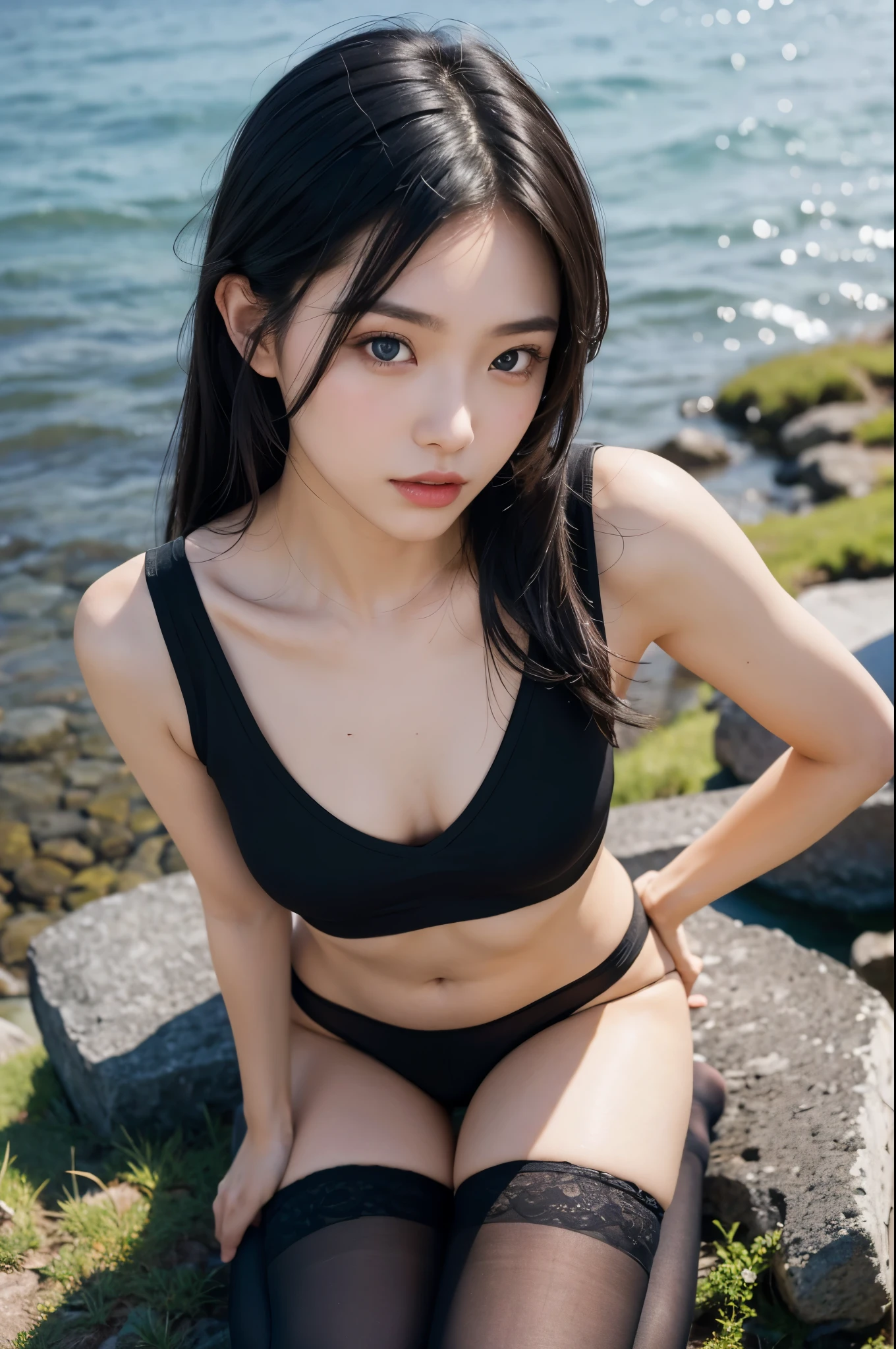 masterpiece , best quality , ultra detailed ,   beautiful Japan tiny bikini teenage girl  ,  breasts:1.1 , only bikini , summer , long black hair  , lying on beach , pov 