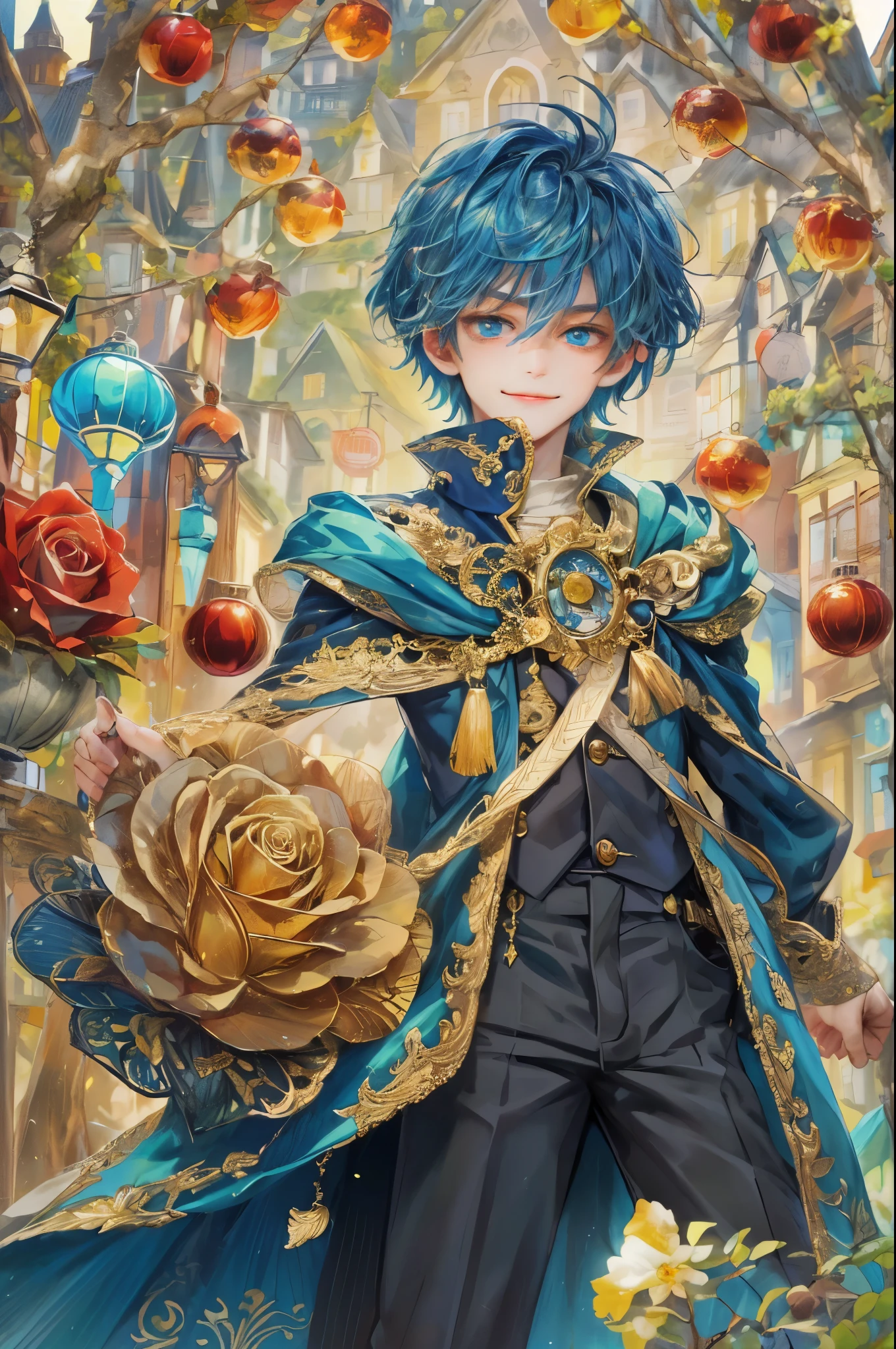 ((absurdres, highres, ultra detailed), 1 boy , front view, young boy, handsome boy villain character from sugar sugar rune, short hair, anime eyes, mage clothes with colorful details, eyes on the viewer, add red details to picture and smirk, dimples, extremely detailed CG unity 8k wallpaper, add blue details on side, intricate details and add yellow details on left, rose ornaments, market background, detailed houses town scenery background, festive theme