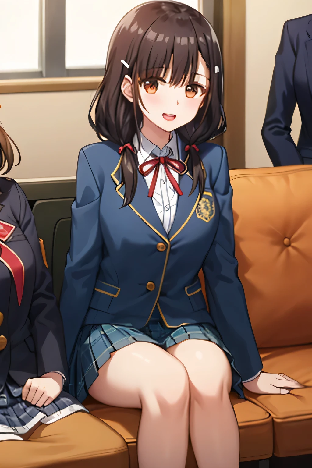highest quality, (masterpiece:1.2), very detailed, pure white background, The legs of three girls are intertwined, irido yume, looking at the viewer, open your mouth, nice smile, brown eyes, dark brown hair, Everyone has long braids, big hair clip, school uniform, dark blue plaid skirt, middle long skirt, white shirt, blue jacket, Golden coat of arms, big red ribbon on the chest, lipstick、very shiny hair、laughter、bright look、eyes are shining、the light illuminates your face and hair, There'There's a lot of light in my eyes, The corners of the eyes are drooping, Trying to embrace the viewer