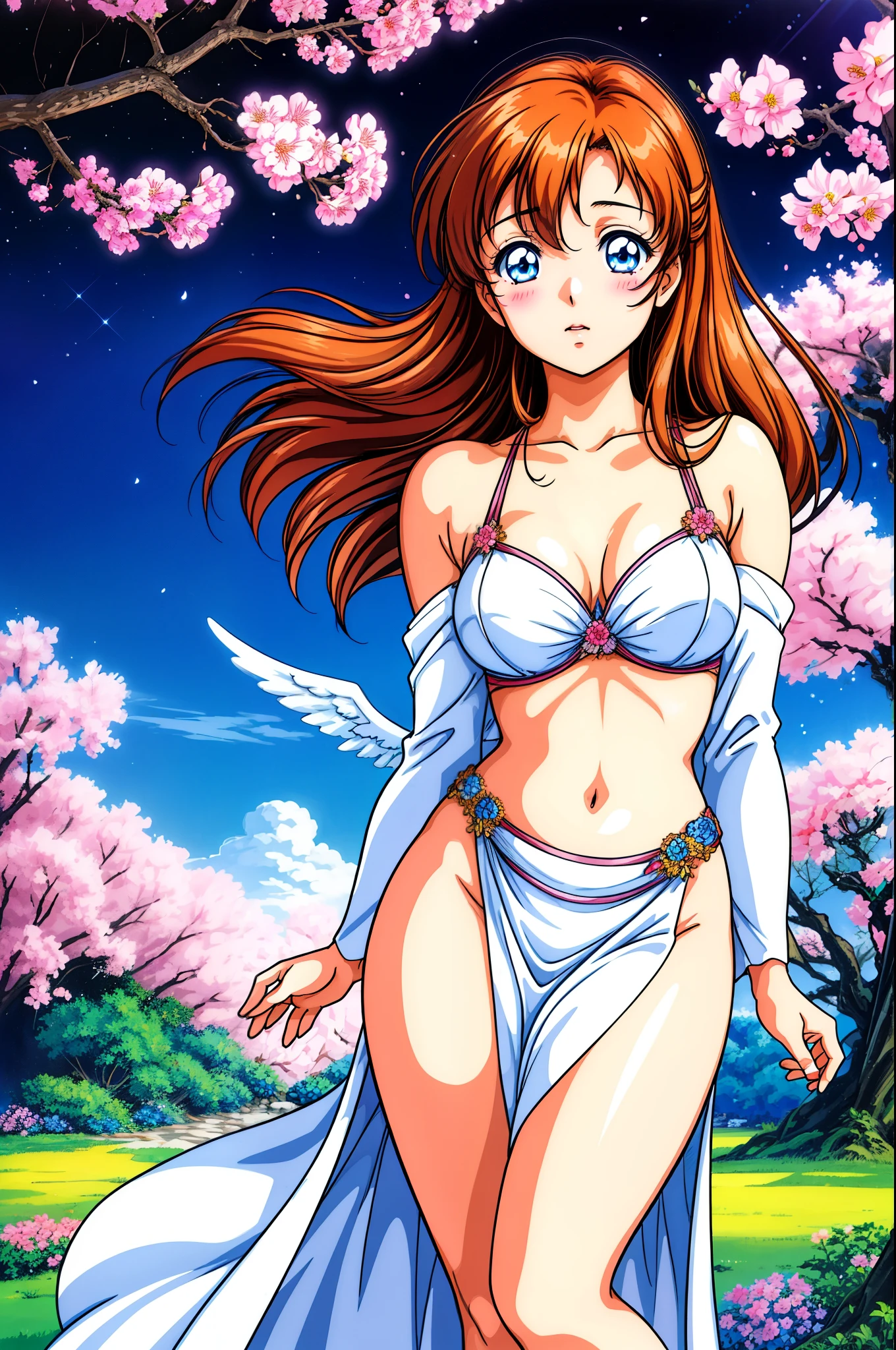 (best quality, realistic:1.2), kousaka honoka, long hair, stunning eyes, mesmerizing glowing eyes, long dress with sleeves, midriff, delicate blush, enchanting night scenery, blooming flowers under the moonlight, warm sunlight filtering through the branches and casting a gentle glow, (curvy body), goddess, goddess wings,1980s \(style\)