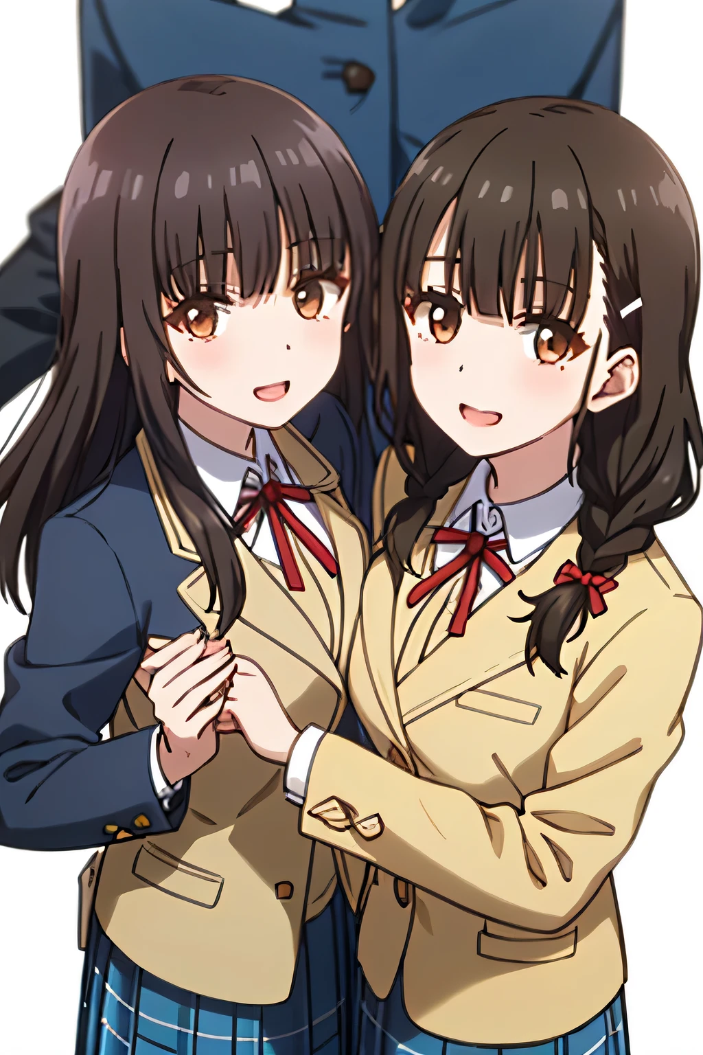 highest quality, (masterpiece:1.2), very detailed, pure white background, The legs of three girls are intertwined, irido yume, looking at the viewer, open your mouth, nice smile, brown eyes, dark brown hair, Everyone has long braids, big hair clip, school uniform, dark blue plaid skirt, middle long skirt, white shirt, blue jacket, Golden coat of arms, big red ribbon on the chest, lipstick、very shiny hair、laughter、bright look、eyes are shining、the light illuminates your face and hair, There'There's a lot of light in my eyes, The corners of the eyes are drooping, Trying to embrace the viewer