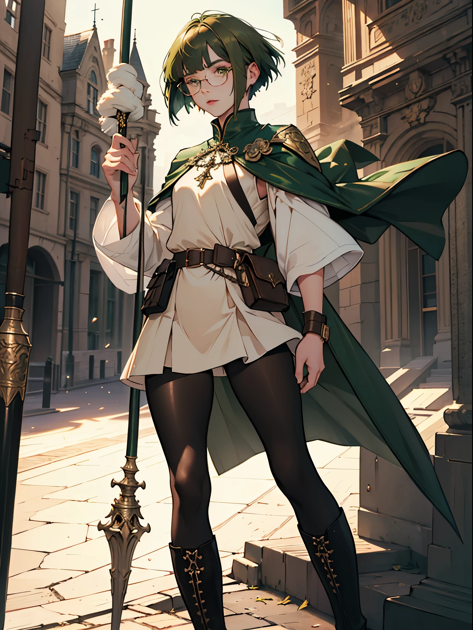 masterpiece, ultra detailed, 8k portrait, RAW photo, portrait photography, highly detailed face, beautiful and meticulous eyes, ((Fantasy)), Young beautiful, 15 years old, (((girl))), dynamic pose, (((deep green bob hair))), blunt bangs, White skin color, glasses, Luxury, (((tunic and short skirt))), (((brown cape))), (((little waist hip pouch))), (((dark thigh high tights))), high cut leather boots, ((holding long magical staff)), Midday Sun, hyper realistic, slender body, flat chest, Long legs, on the medieval road, Ambient lighting, Shadow details , Camera focus on face, strong breeze, Light fog