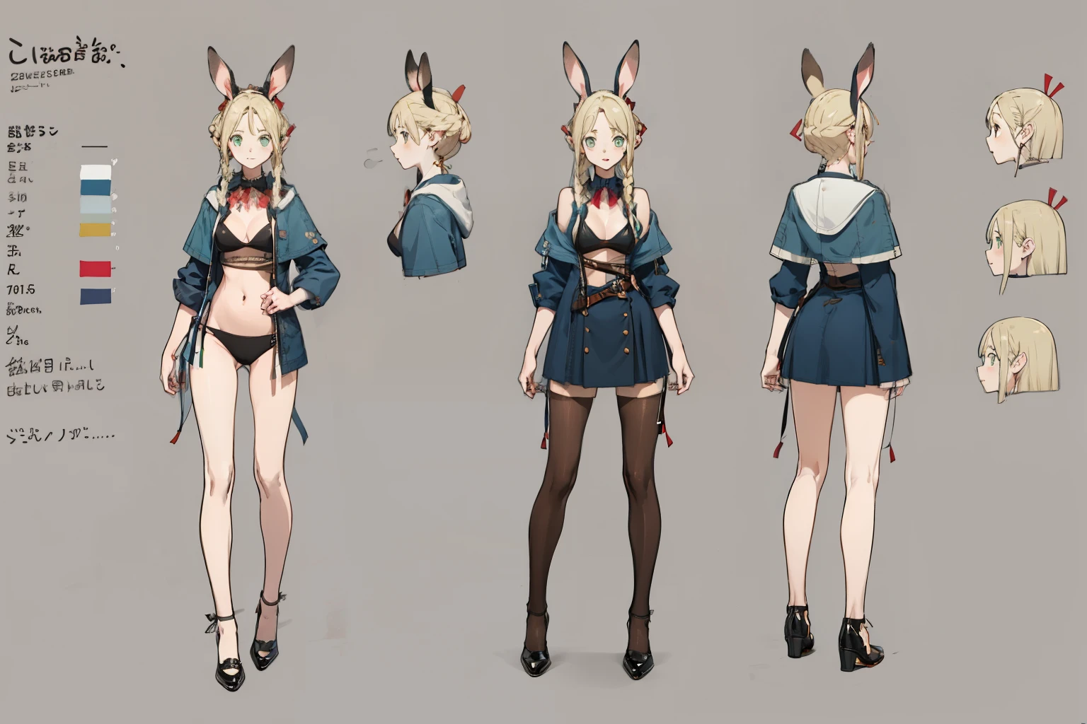 stockings,pantyhose,(whole body,character design sheet,front),bunny girl costume,deep v,leather shoes,Standing posture