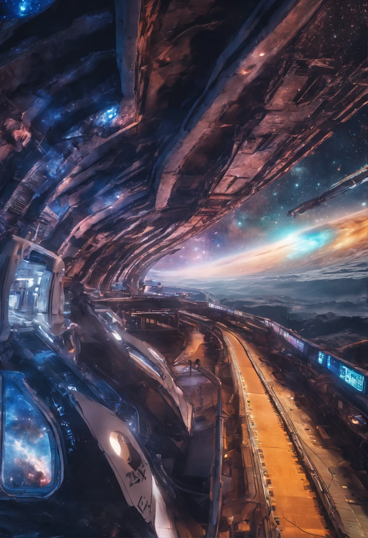 best quality, 32k, RAW photo, incredibly absurdres, extremely detailed, (Galaxy Express train station), super near future, wide variety of trains, colorful bustle, (background space, galaxy)