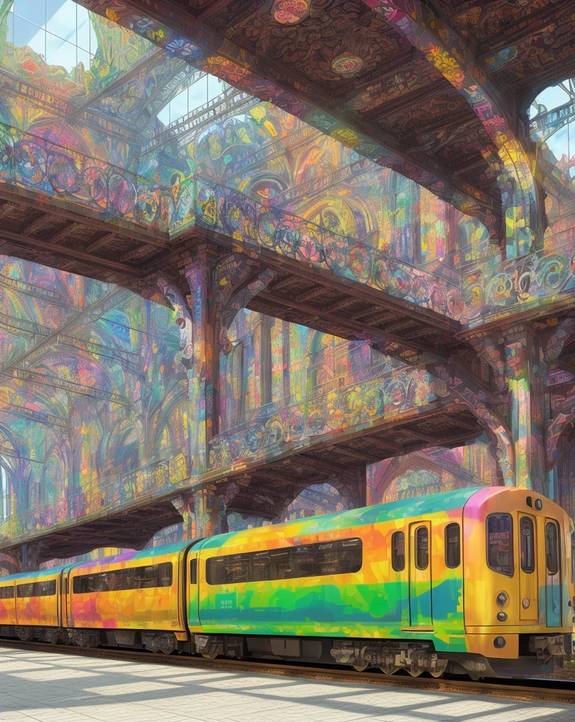 A bustling train station adorned with vibrant graffiti, bustling with commuters and travelers. The station platform is filled with people waiting for their trains, some sitting on benches, while others busy themselves with their books and smartphones. The walls of the station are covered in colorful murals, depicting scenes of the city's history and culture. The architecture of the station is a mix of modern and traditional elements, with sleek glass walls and steel beams juxtaposed against ornate carvings and intricate tilework.
The materials used in creating this artwork are a combination of realistic and photorealistic digital rendering, blended seamlessly with vivid colors and sharp focus. The quality of the image is of the highest standards, with ultra-detailed elements and realistic textures. The lighting in the station is soft and warm, creating a welcoming and cozy atmosphere.
The art style of this piece leans towards urban art and street photography, with a touch of whimsy and playfulness. The vibrant colors and expressive brushstrokes bring life and energy to the scene. The overall color tone is a mix of bold and vibrant hues, reflecting the diversity and vibrancy of the city.
The prompt for this train station artwork should include key elements such as "crowded platform," "colorful graffiti," "commuters," "traditional and modern architecture," "vibrant murals," "books and smartphones," "welcoming atmosphere," "sleek glass walls," "steel beams," "ornate carvings," "intricate tilework," "realistic and photorealistic digital rendering," "ultra-detailed elements," "soft and warm lighting," "urban art and street photography," "whimsical and playful," "expressive brushstrokes," and "bold and vibrant color tone."
Remember to maintain the overall flow and coherence of the prompt while incorporating these details.