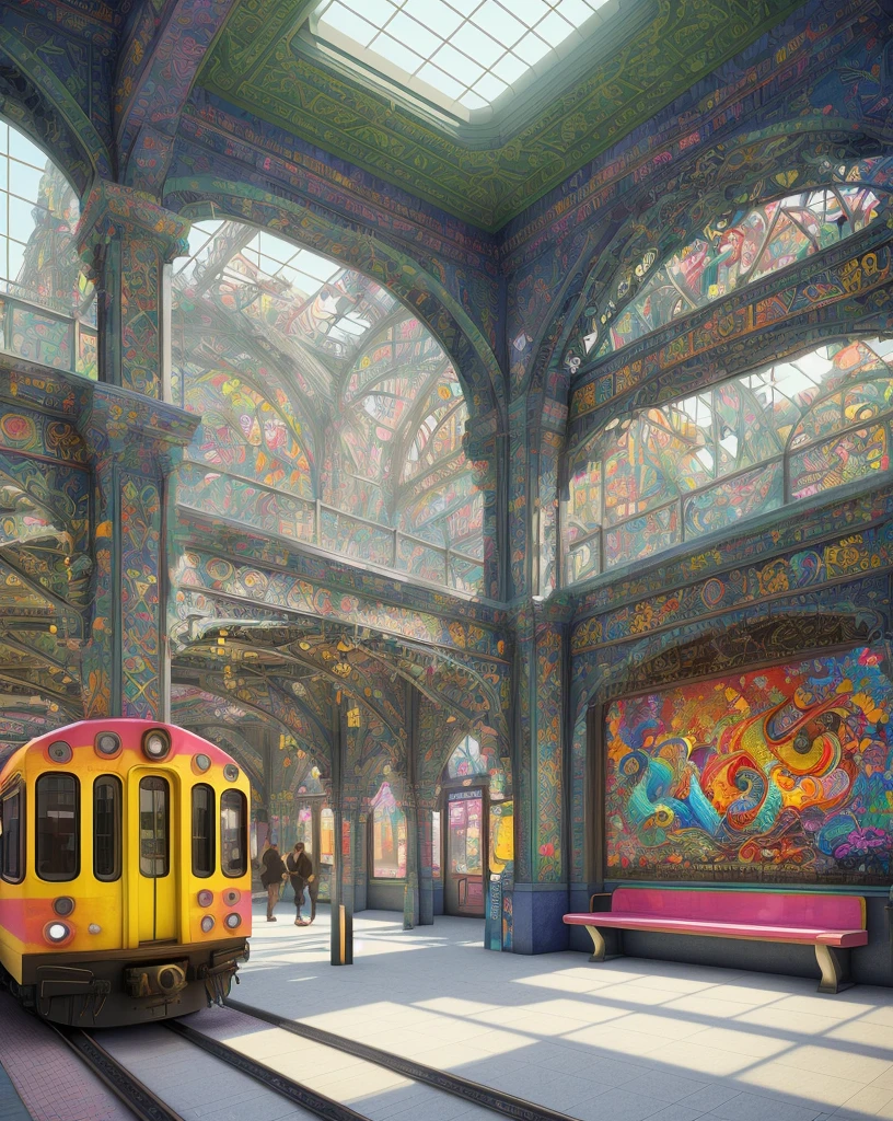 A bustling train station adorned with vibrant graffiti, bustling with commuters and travelers. The station platform is filled with people waiting for their trains, some sitting on benches, while others busy themselves with their books and smartphones. The walls of the station are covered in colorful murals, depicting scenes of the city's history and culture. The architecture of the station is a mix of modern and traditional elements, with sleek glass walls and steel beams juxtaposed against ornate carvings and intricate tilework.

The materials used in creating this artwork are a combination of realistic and photorealistic digital rendering, blended seamlessly with vivid colors and sharp focus. The quality of the image is of the highest standards, with ultra-detailed elements and realistic textures. The lighting in the station is soft and warm, creating a welcoming and cozy atmosphere.

The art style of this piece leans towards urban art and street photography, with a touch of whimsy and playfulness. The vibrant colors and expressive brushstrokes bring life and energy to the scene. The overall color tone is a mix of bold and vibrant hues, reflecting the diversity and vibrancy of the city.

The prompt for this train station artwork should include key elements such as "crowded platform," "colorful graffiti," "commuters," "traditional and modern architecture," "vibrant murals," "books and smartphones," "welcoming atmosphere," "sleek glass walls," "steel beams," "ornate carvings," "intricate tilework," "realistic and photorealistic digital rendering," "ultra-detailed elements," "soft and warm lighting," "urban art and street photography," "whimsical and playful," "expressive brushstrokes," and "bold and vibrant color tone."

Remember to maintain the overall flow and coherence of the prompt while incorporating these details.