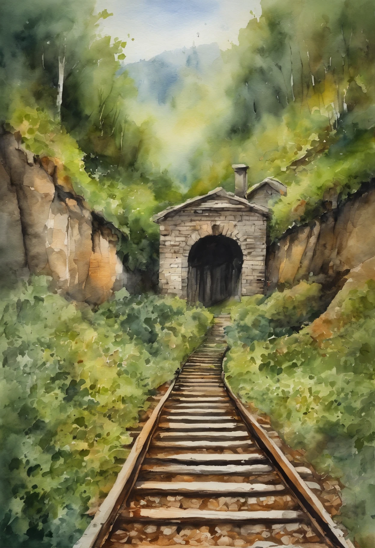 watercolor drawing style, best quality, abandoned railway, single track, decaying railway station building, sea, mountains, ivy, moss, countryside, tunnel
