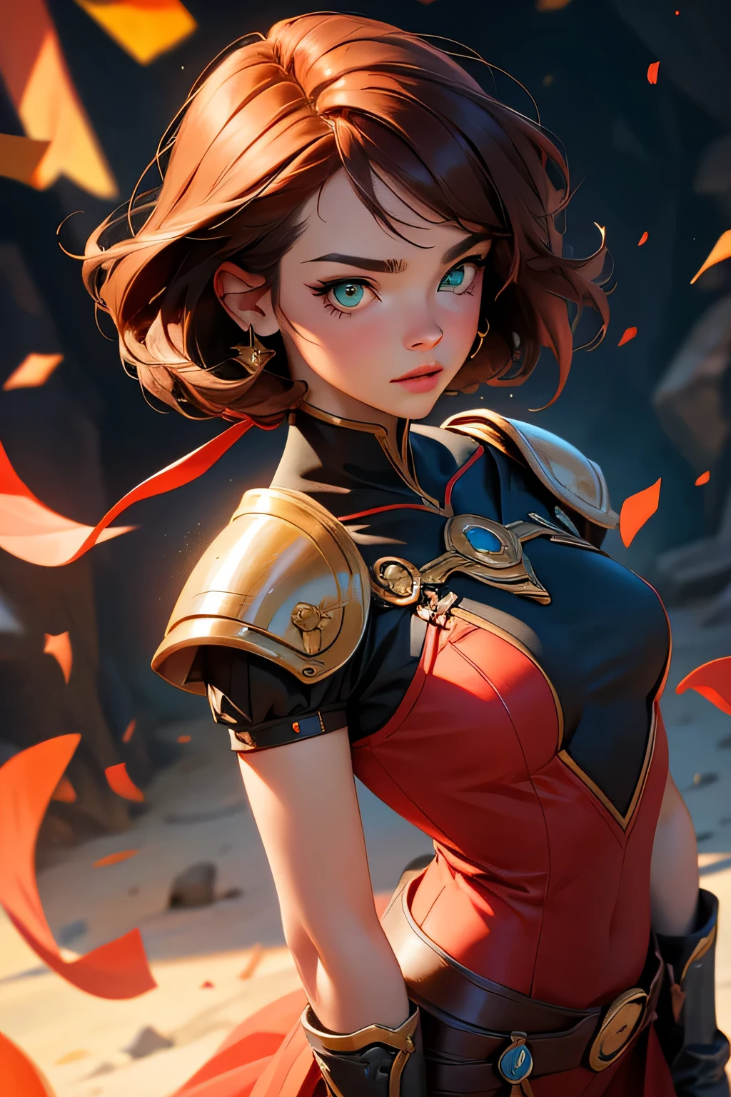 (masterpiece), best quality, expressive eyes, perfect face, 1 girl, martial artist, fantasy, d&d, auburn hair, green eyes, brown eyes, black clothes, red clothes, short hair, highres
