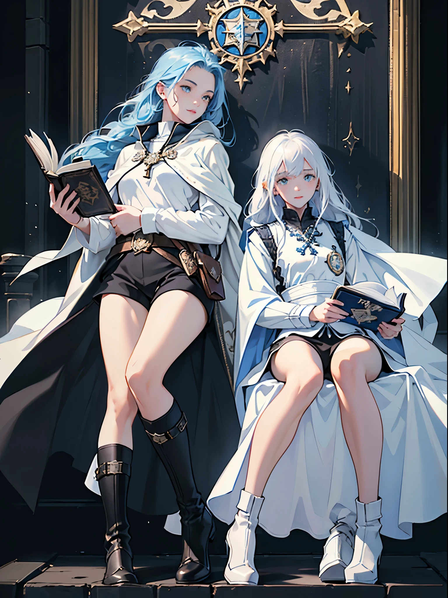 masterpiece, ultra detailed, 8K Portrait, Raw photo, (((((2 girls))))), girls photography, full body, Highly detailed face, ((Fantasy)), , (((classmates))), smile, various hairstyles and hair color, (((white long tunic with a single vertical blue line))), (((black shorts))), (((white cape with coat of arms))), (((little waist hip pouch))), leather boots, various pose, ((holding magic book)), In the classroom of the medieval magic school, Midday Sun, Hyper realistic, Ambient lighting, Shadow details , Camera focus on face, strong breeze, Light fog