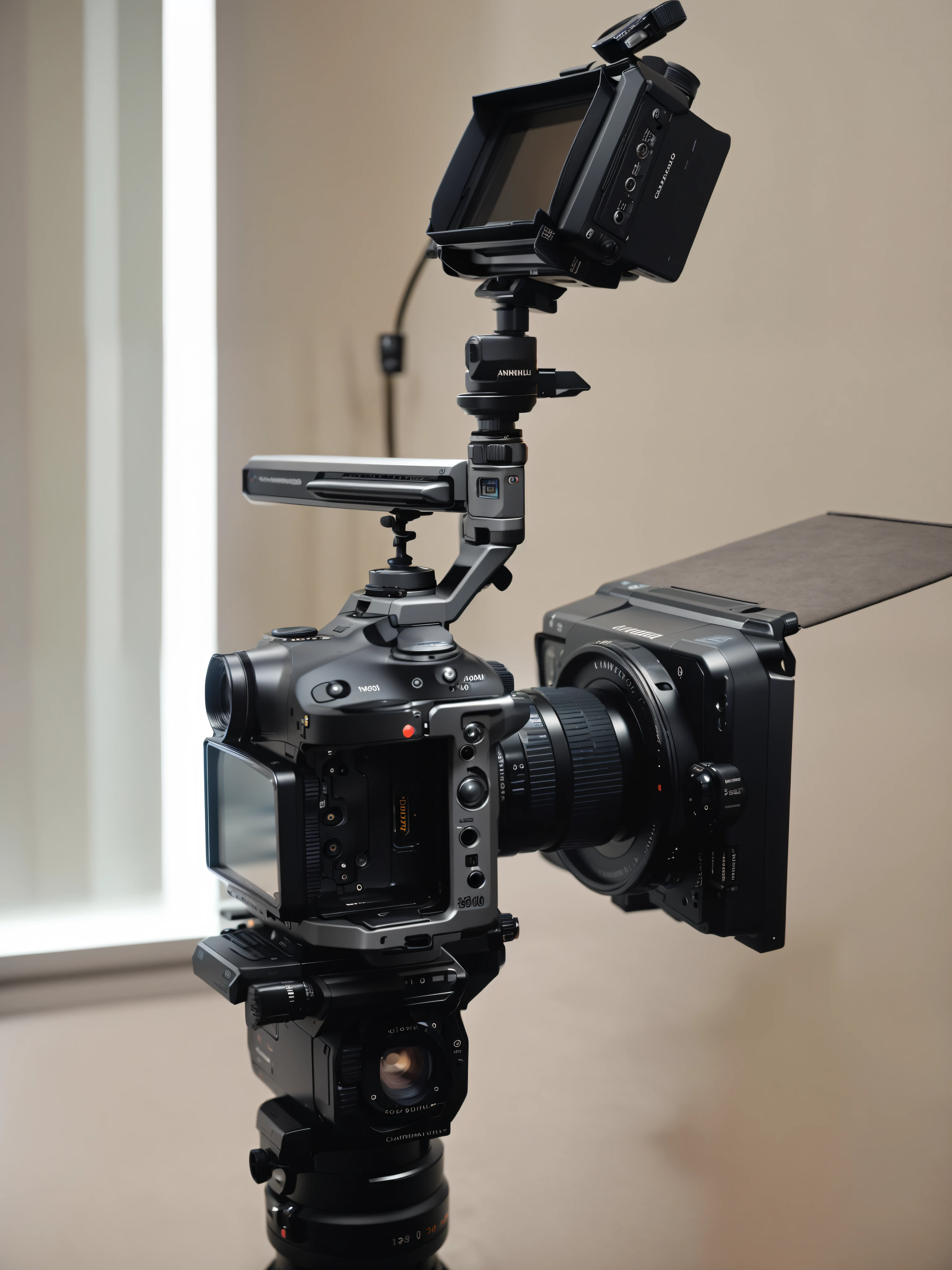 a close up of a camera with a tripod and a monitor, holding it out to the camera, cinematic front shot, head and shoulders 8 0 mm camera, with anamorphic lenses, cinematic wide shot, 1 8 mm wide shot, camera angle from below, close to the camera, cinelux asa 100, cinelux asa 1 0 0