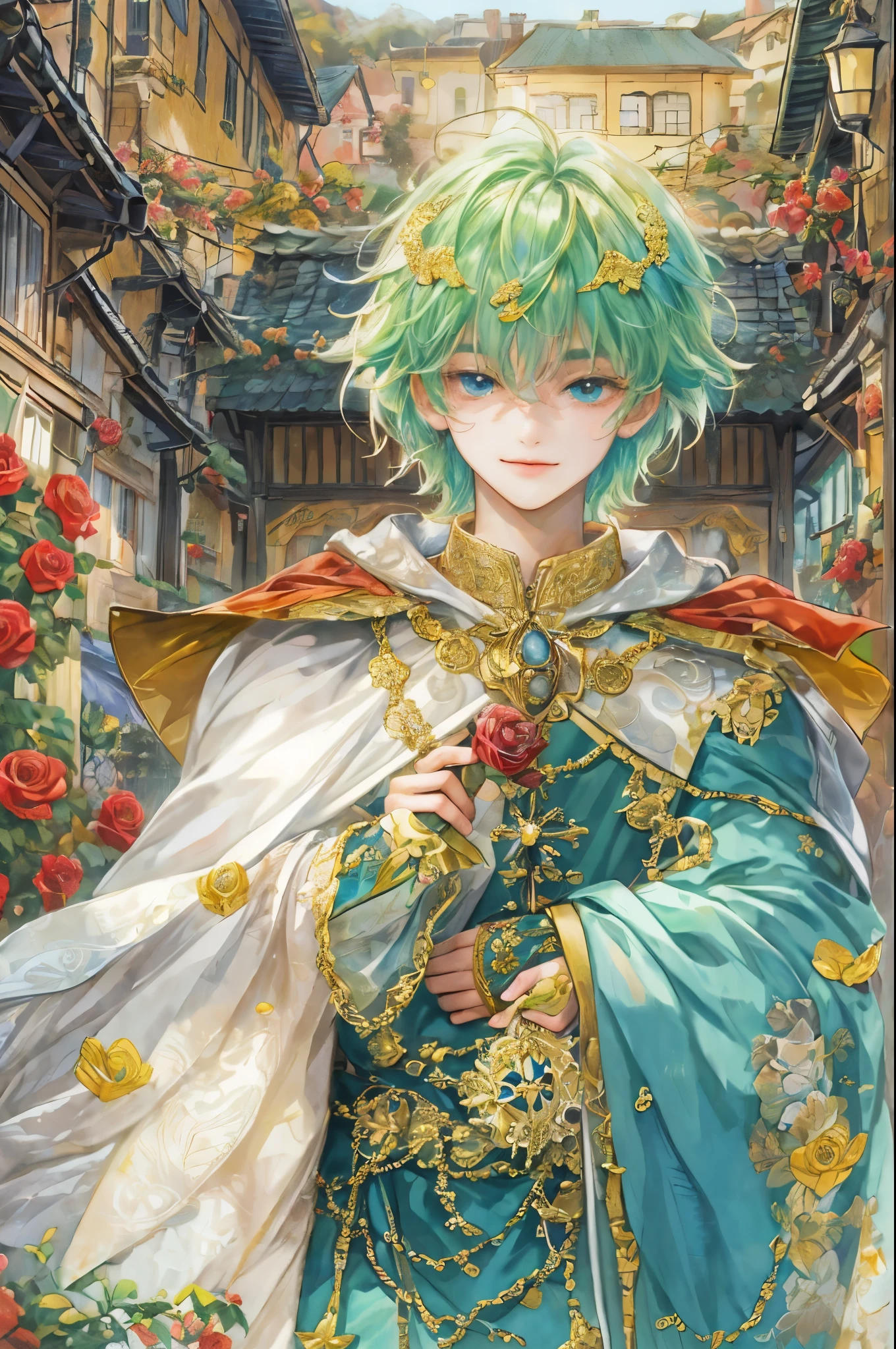 ((Best quality)), ((masterpiece)), (detailed), ((perfect face)), ((halfbody)) handsome face, male, teen boy, perfect proportions , a character from anime legend of mana teardrop crystal, green hair, short hair, male version , peaceful church of domina scene, detailed church of domina background, detailed ghibli scenery background
