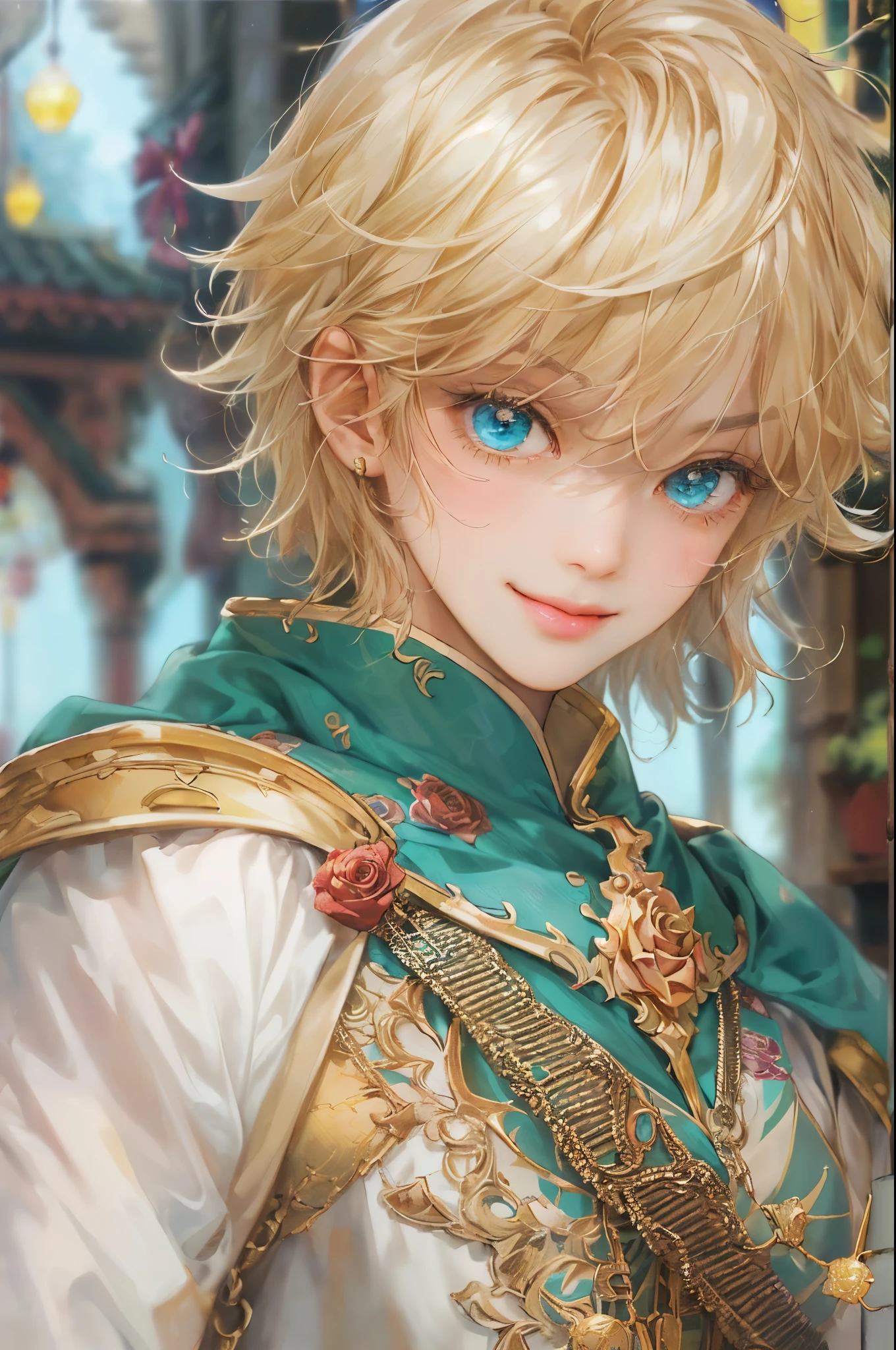 (((absurdres, highres, ultra detailed, perfect face), 1 boy , front view, young boy, handsome boy villain character from magic knight reyearth, short hair, anime eyes, mage clothes with colorful details, eyes on the viewer, add red details to picture and smirk, dimples, extremely detailed CG unity 8k wallpaper, add blue details on side, intricate details and add yellow details on left, rose ornaments, market background, detailed houses town scenery background, festive theme