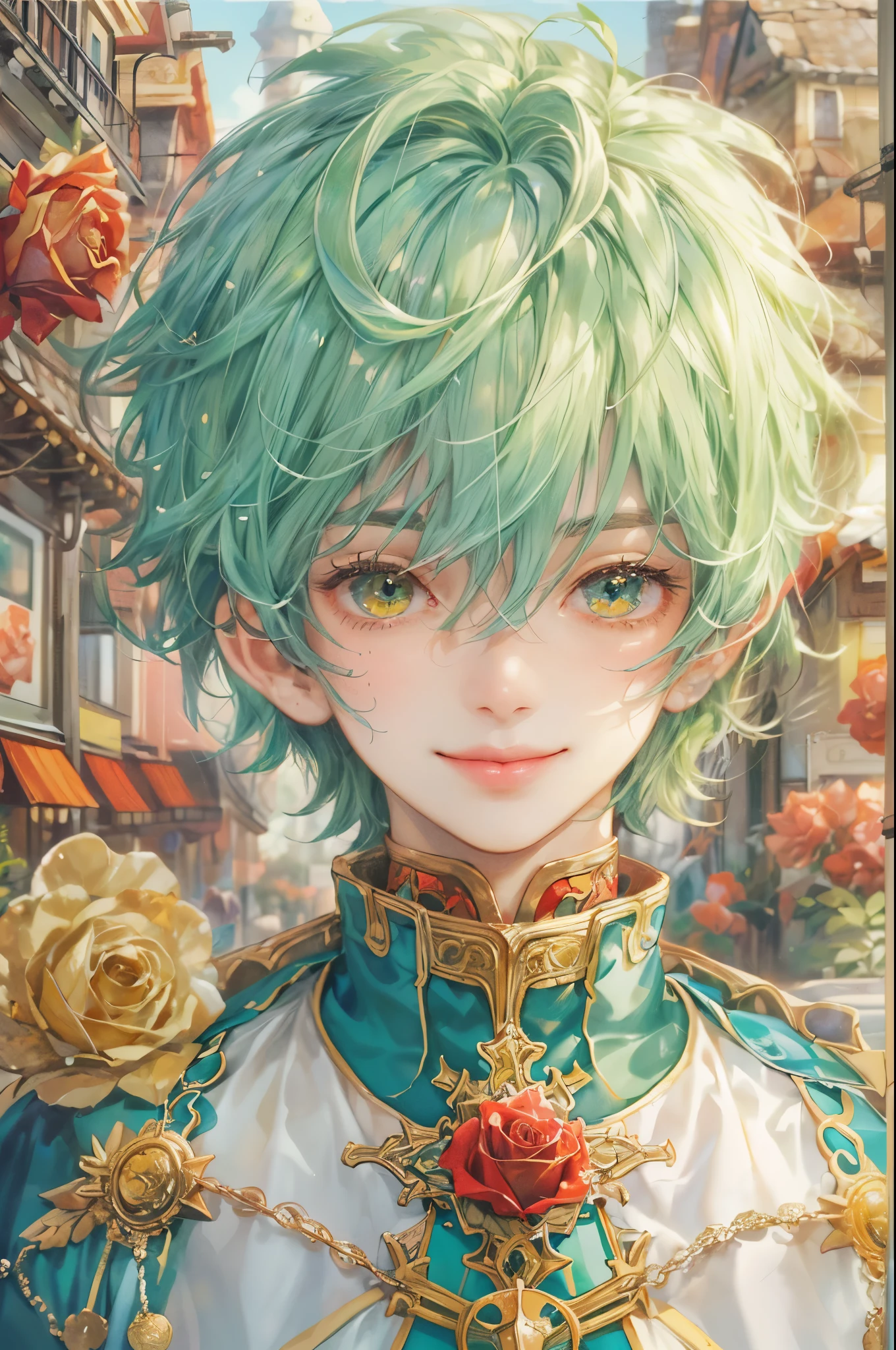 (((absurdres, highres, ultra detailed, perfect face), 1 boy , front view, young boy, handsome boy villain character from magic knight reyearth, short hair, anime eyes, mage clothes with colorful details, eyes on the viewer, add red details to picture and smirk, dimples, extremely detailed CG unity 8k wallpaper, add blue details on side, intricate details and add yellow details on left, rose ornaments, market background, detailed houses town scenery background, festive theme