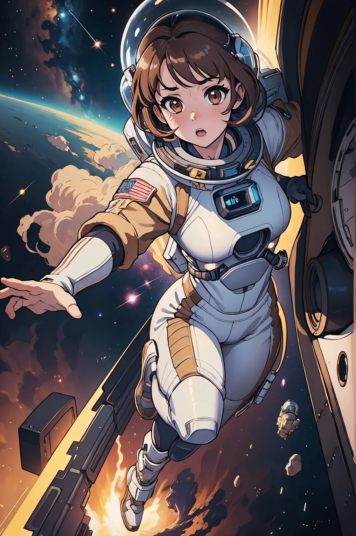 masterpiece, best quality, extremely detailed, anime, hyperrealistic, photorealistic, 8k, from above, a pretty girl, space, spacesuit:1.2, space helmet, floating:1.1, earth, running pose, wide-angle lens distortion, ultra detailed face, brown hair, glove