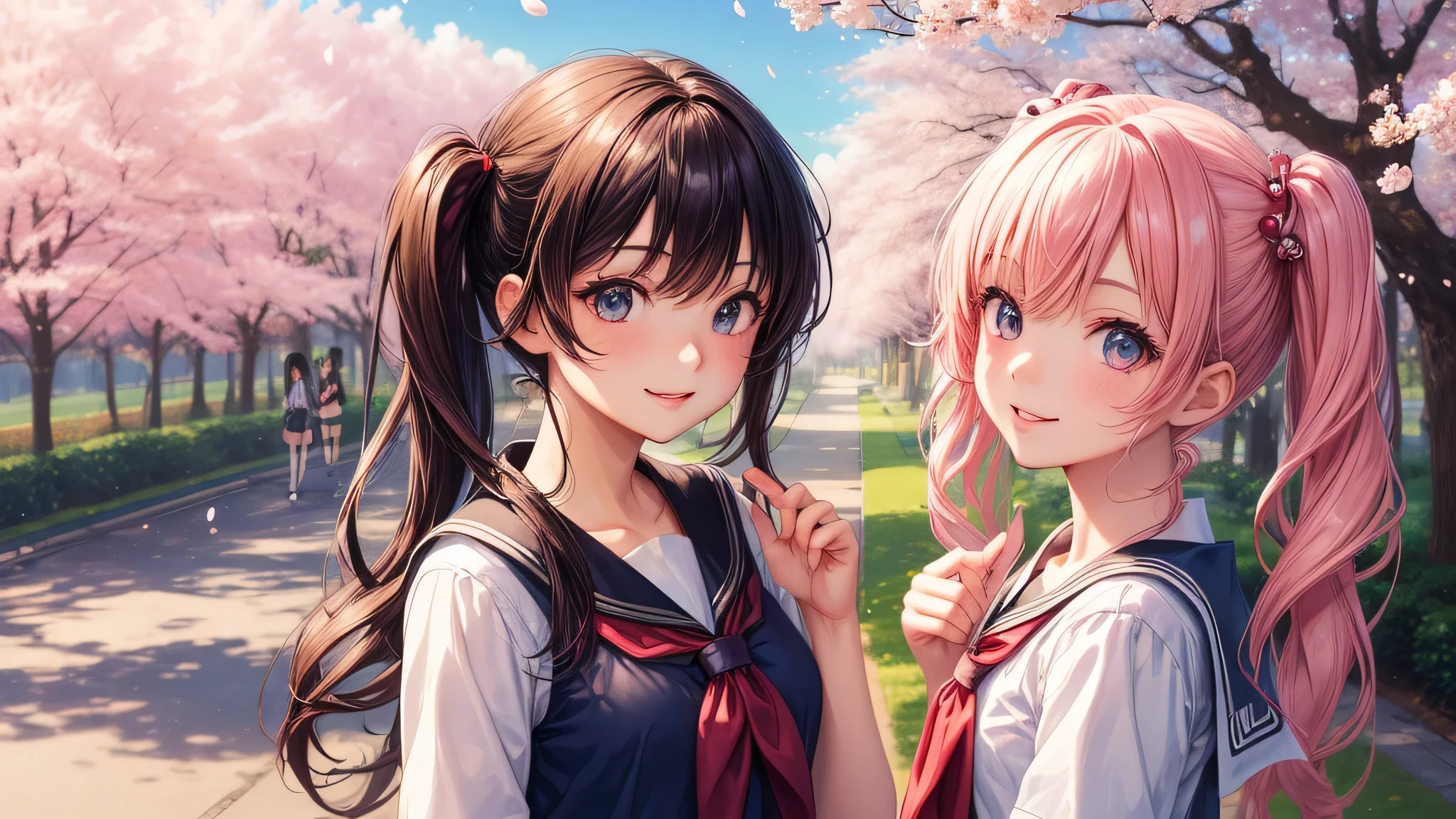 (2 girls:1.2), cute face, shining smile, twin tails, (school uniform, mini skirt:1.2), (highest quality: 1.4), (Super detailed), (highest quality:1.4), (super detailed), (cherry blossomsのトンネル in full bloom, cherry blossomsのトンネル), road, Day光, cherry blossoms, cherry blossoms, Sunny, cloud, Day, blue sky, (anime illustration), very high resolution, (Upper body), close up face