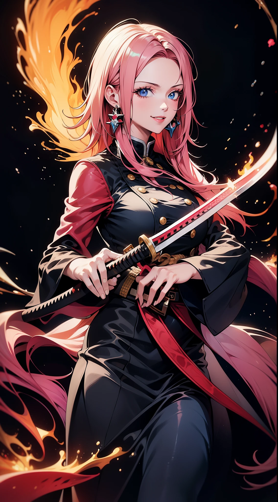 better hands, better fingers, ultra detailed face, perfect smile, five fingers, perfect hands holding a katana, flame blade, pink hair