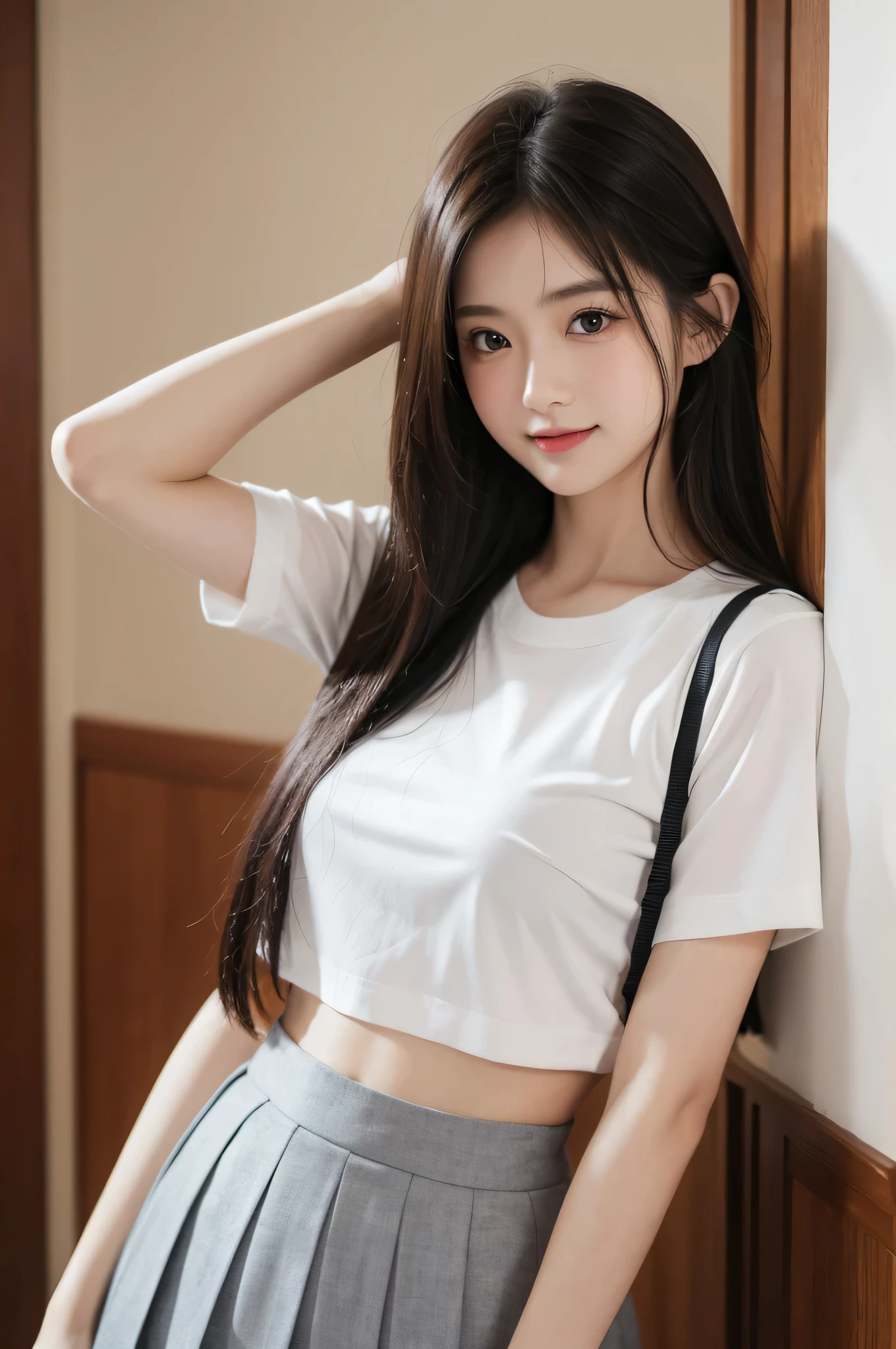 high quality, shape, Super detailed, finely, High resolution, 8k wallpaper, 完璧なダイナミックな構shape, beautiful and detailed eyes, natural color lip, random sexy pose,cute smile,Hotel,18 year old girl、beautiful and detailed face、perfect and beautiful face,Big eyes、beautiful and detailed face、perfect and beautiful double eyelids、blur the background、perfect and beautiful face、Feminine poses、blur the background，just a skirt，beautiful feet，thighs,The woman I want to hold，gray uniform，whole body，pleated skirt,wet shirt,panty shot,おShuri,Shuri