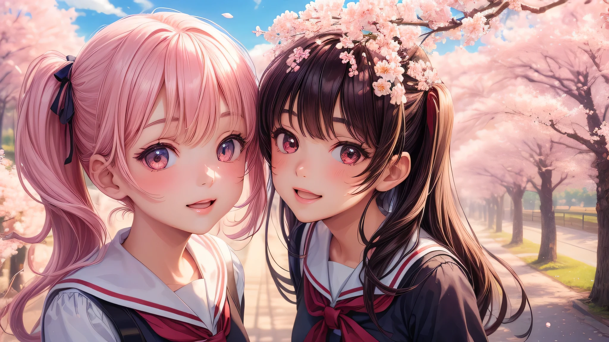 (2 girls:1.2), cute face, shining smile, twin tails, (school uniform, mini skirt:1.2), (highest quality: 1.4), (Super detailed), (highest quality:1.4), (super detailed), (cherry blossomsのトンネル in full bloom, cherry blossomsのトンネル), road, Day光, cherry blossoms, cherry blossoms, Sunny, cloud, Day, blue sky, (anime illustration), very high resolution, (Upper body), (close up face)