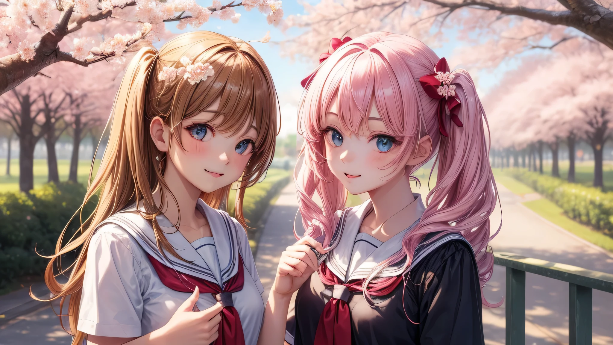 (2 girls:1.2), cute face, shining smile, twin tails, (school uniform, mini skirt:1.2), (highest quality: 1.4), (Super detailed), (highest quality:1.4), (super detailed), (cherry blossomsのトンネル in full bloom, cherry blossomsのトンネル), road, Day光, cherry blossoms, cherry blossoms, Sunny, cloud, Day, blue sky, (anime illustration), very high resolution, (Upper body), (close up face)
