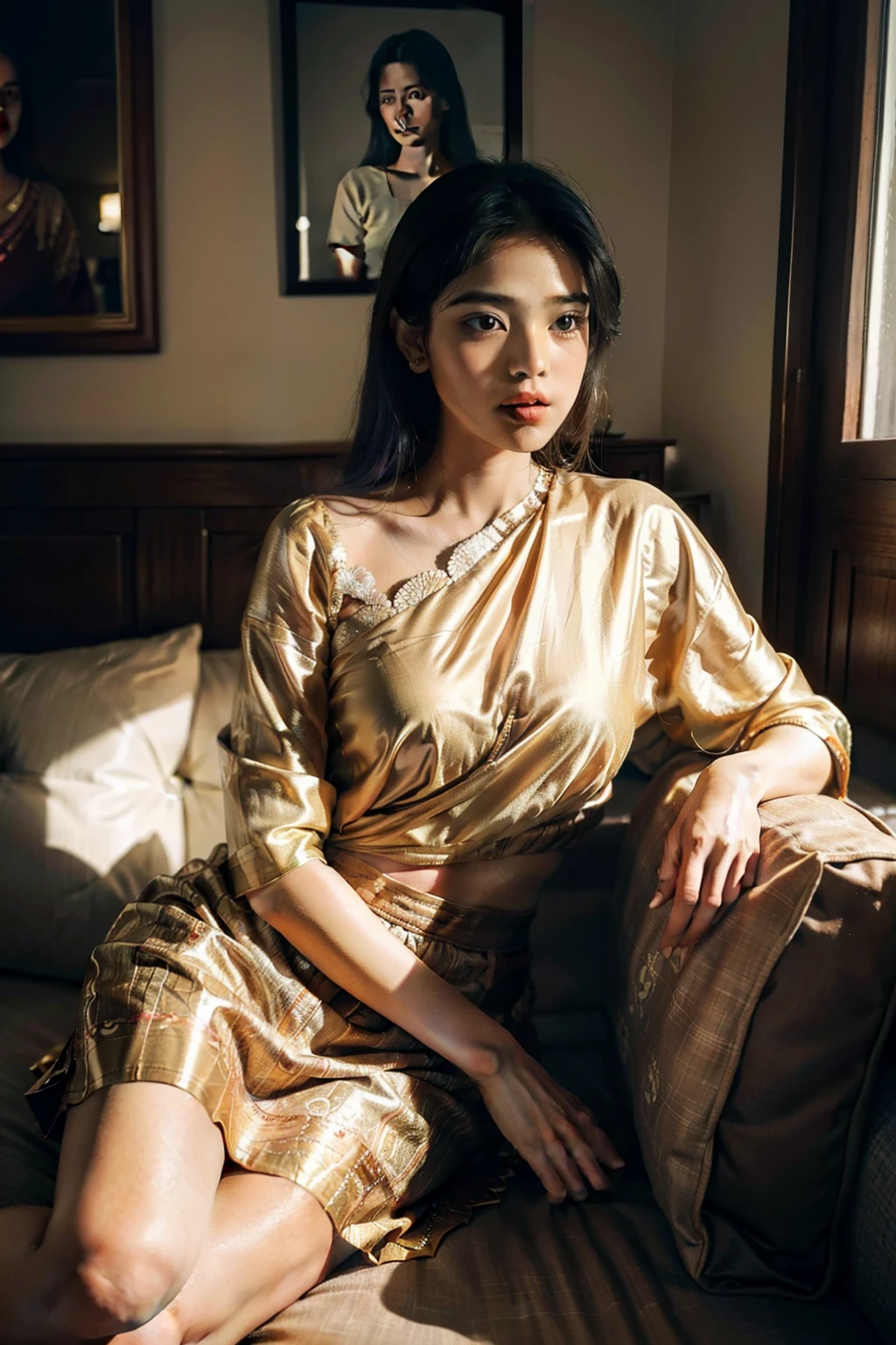 An Assamese girl wearing a mekhela sador sits on a comfortable sofa with crossed legs, under soft lighting. The scene is of the highest quality, with 4K resolution or even higher, and ultra-detailed rendering. The girl's eyes are beautifully detailed, with long, fluttering eyelashes. Her lips are also beautifully detailed. The entire face and features are extremely detailed and realistic, ensuring that Stable Diffusion generates a realistic and expressive portrait of the girl.
The girl is adorned in an Assamese traditional attire called mekhela sador, which consists of a draped silk skirt and a matching blouse. The colors of the mekhela sador are vibrant and vivid, with intricate patterns and designs. The fabric has a smooth and luxurious texture, almost resembling an exquisite piece of art. The mekhela sador reflects the rich cultural heritage of Assam, with its unique craftsmanship and attention to detail.
The comfortable sofa on which the girl is sitting is plush and inviting. It provides a cozy and relaxed seating arrangement for her. The color of the sofa is in harmony with the overall color scheme of the scene, creating a visually pleasing composition. The soft light illuminates the scene, casting gentle shadows and highlighting the girl's features and the textures of the mekhela sador.
The prompt ensures that Stable Diffusion captures all the elements and intricacies of the scene, from the girl's detailed eyes and lips to the soft lighting and the texture of the mekhela sador. The attention to detail and high image quality allow for the generation of a masterpiece, with a realistic and photorealistic portrayal of the Assamese girl in her traditional attire, sitting comfortably on the sofa.