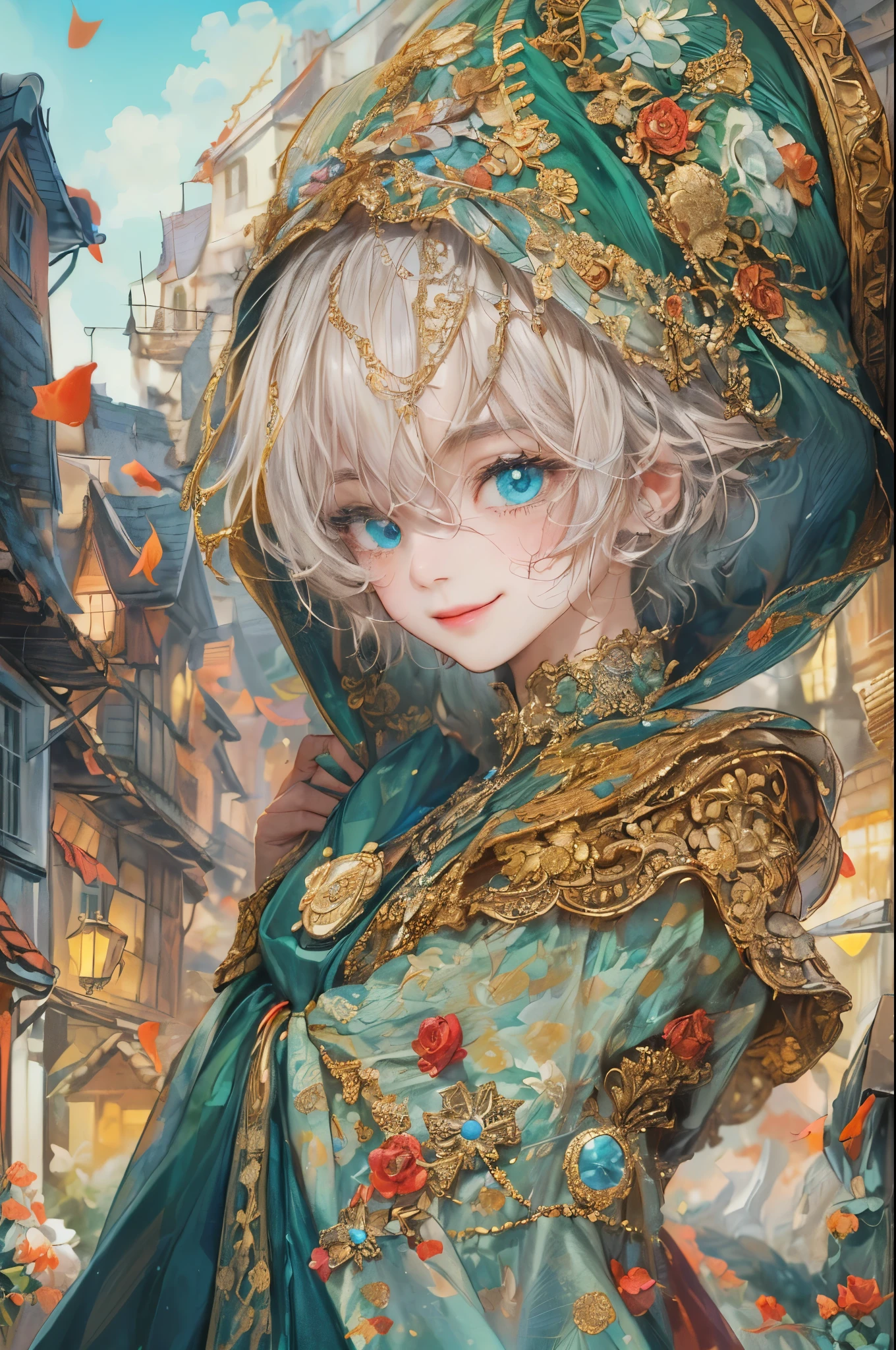 ((absurdres, highres, ultra detailed), 1 boy , front view, young boy, handsome boy villain character from sugar sugar rune, detailed hair with detailed headgear ornaments, detailed short hair, anime eyes, detailed mage clothes with brown cape with little purple details showing,finely detailed eyes red details showing and detailed face, smirk, dimples, extremely detailed CG unity 8k wallpaper, blue details on side, intricate details yellow details on left, portrait, ruin of pink roses, market theme, eyes on viewer, detailed houses town scenery background