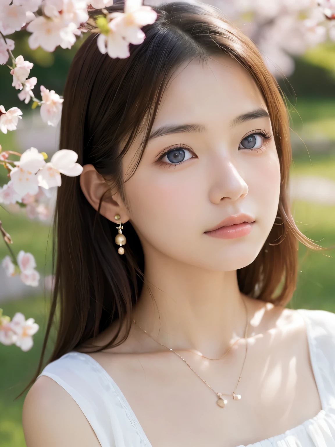 masterpiece, best quality, realistic, RAW photo, beautiful Japanese girl with fair skin, no makeup, slender, Japanese idol, kawaii, 16yo, detailed face, big eyes, blue eyes, detailed skin, detailed white v neck dress, detailed fabric, light brown hair, wavy and medium hair, necklace, earrings, meadow full of colorful flowers, leaning against cherry blossom tree, looking down, sunlit, strong wind, (petals)