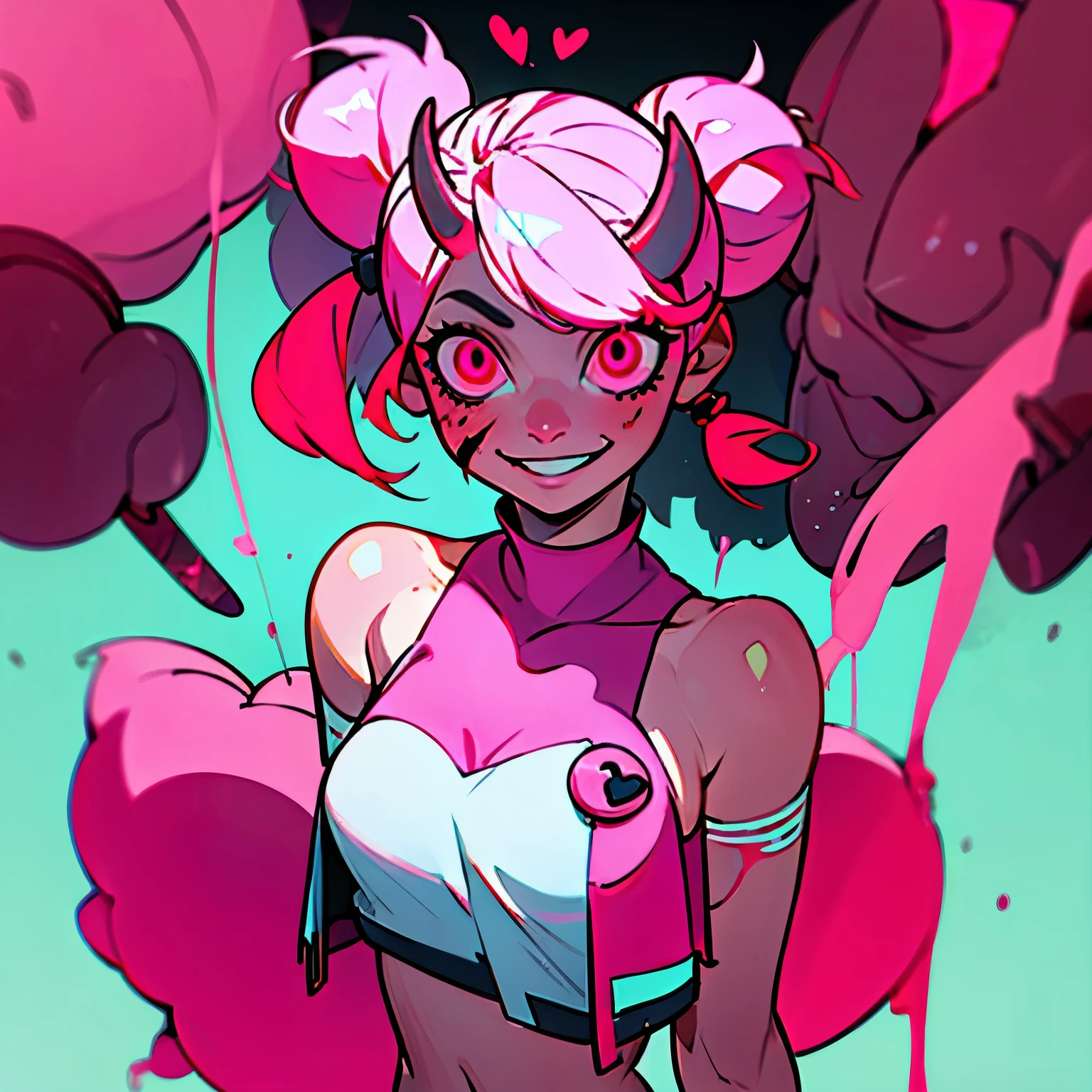 A woman with whiteish pink skin, bright pink eyes with heart pupils, crop top with short-shorts, long pink hair in pigtails, short pink horns on head, insane smile, perfect anatomy, blood on face