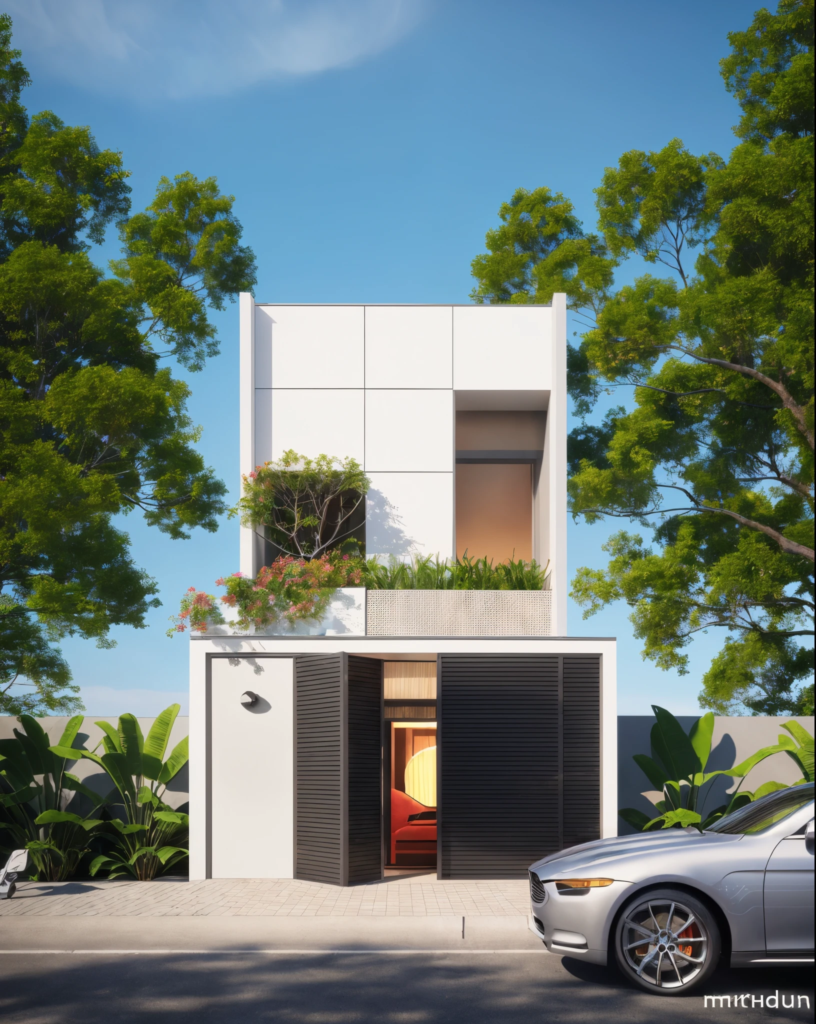 (RAW photo, real, best quality, masterpiece:1.2), (hyper realistic, photo-realistic:1.2), high quality, (daylight:1.2), perfect lighting, sunset shimering inviroment render, hyper detail, DAYLIGHT:1.4
morden house, ((morden minimalist house:1.3))), steel modern gate, dynamicneon light,