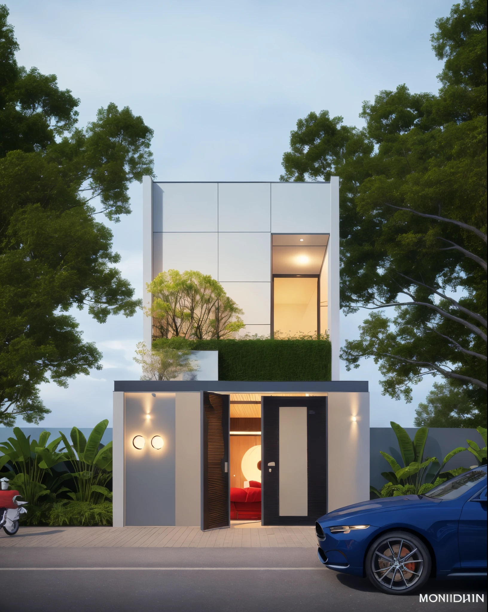 (RAW photo, real, best quality, masterpiece:1.2), (hyper realistic, photo-realistic:1.2), high quality, (daylight:1.2), perfect lighting, sunset shimering inviroment render, hyper detail, DAYLIGHT:1.4
morden house, ((morden minimalist house:1.3))), steel modern gate, dynamicneon light,