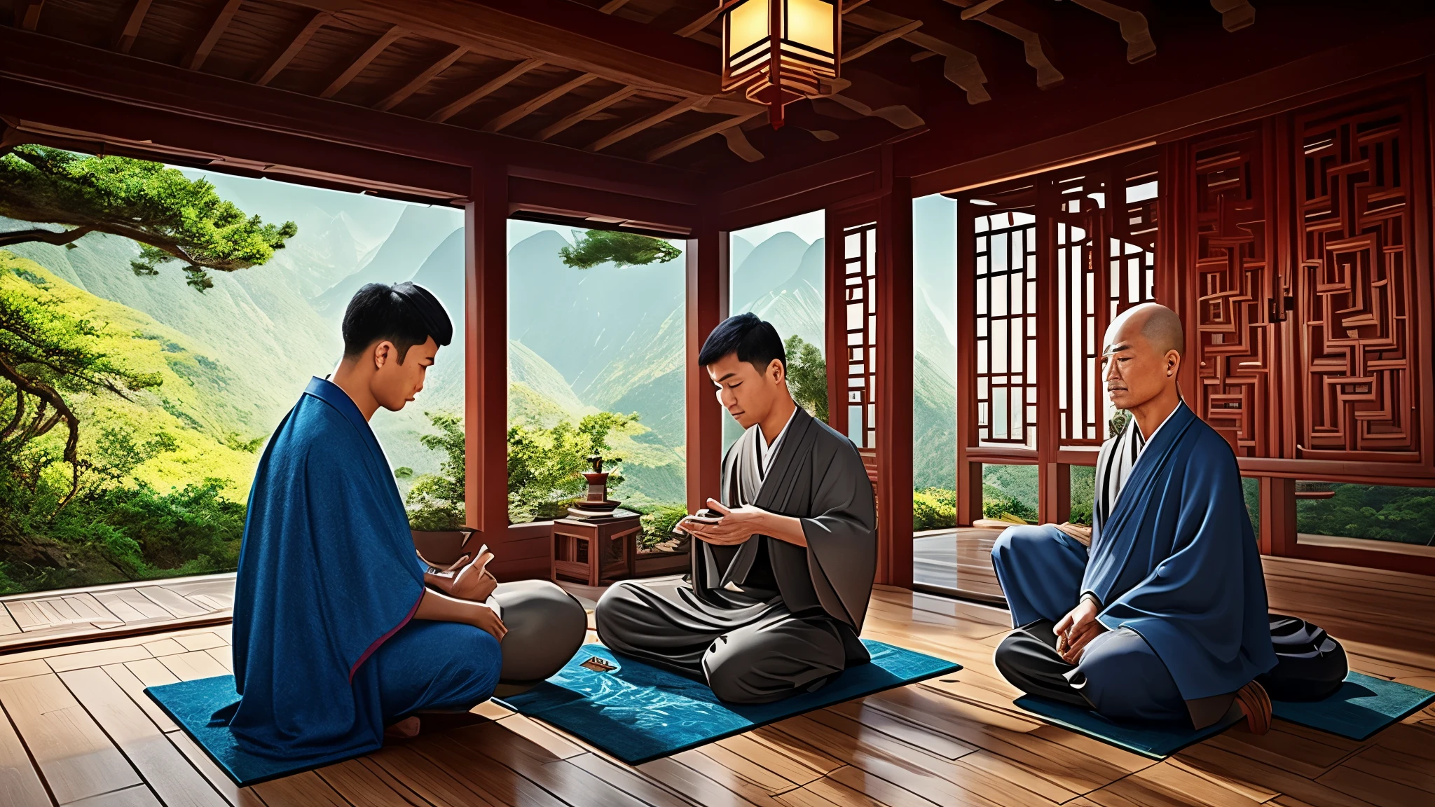 a young man seeking guidance from an old zen master in a chinese village nested in the mountains background, hyper realistic, 8k, 3D rendering