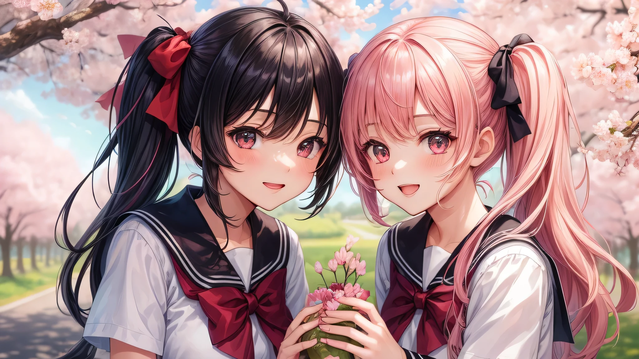 (2 girls:1.2), cute face, shining smile, twin tails, (school uniform, mini skirt:1.2), (highest quality: 1.4), (Super detailed), (highest quality:1.4), (super detailed), (cherry blossomsのトンネル in full bloom, cherry blossomsのトンネル), road, Day光, cherry blossoms, cherry blossoms, Sunny, cloud, Day, blue sky, (anime illustration), very high resolution, (Upper body), (close up face)
