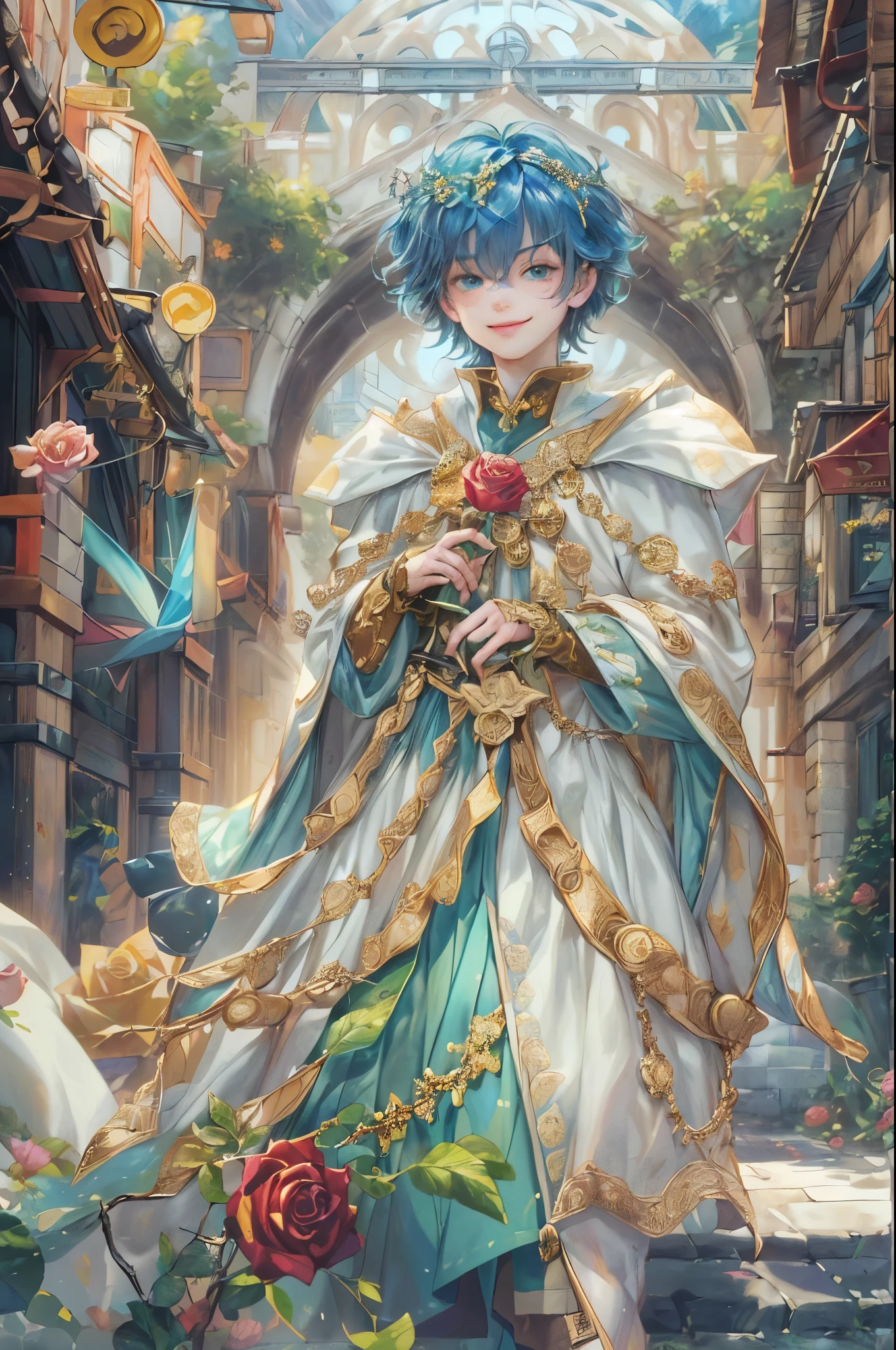 (((absurdres, highres, ultra detailed, perfect face), 1 boy , front view, young boy, handsome boy villain character from magic knight reyearth, short hair, anime eyes, mage clothes with colorful details, eyes on the viewer, add red details to picture and smirk, dimples, extremely detailed CG unity 8k wallpaper, add blue details on side, intricate details and add yellow details on left, rose ornaments, market background, detailed houses town scenery background, tim Burton style theme