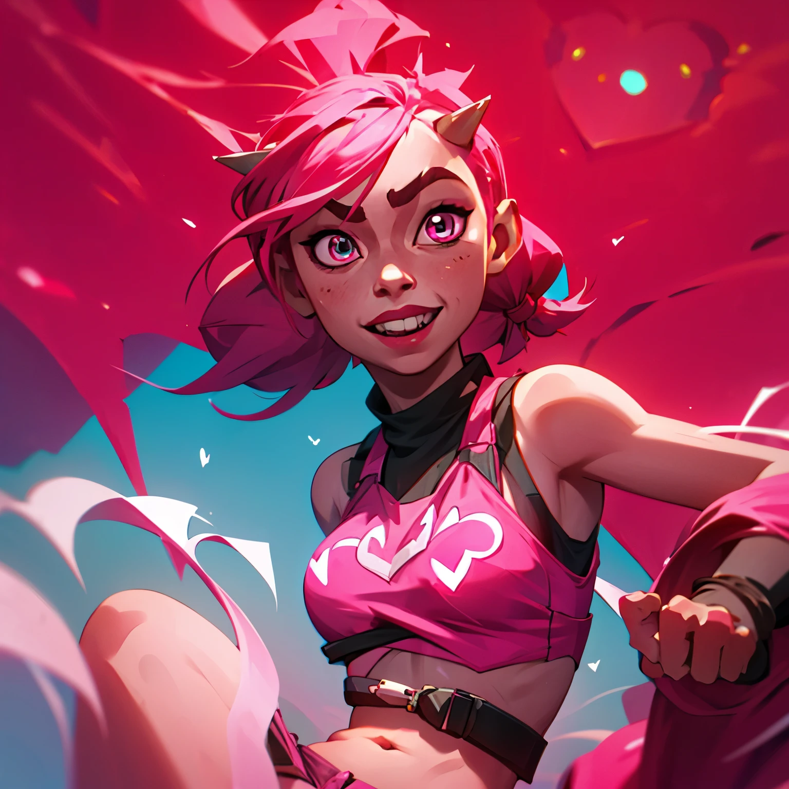A woman with whiteish pink skin, bright pink eyes with heart pupils, crop top with short-shorts, long pink hair in pigtails, short pink horns on head, insane smile, perfect anatomy