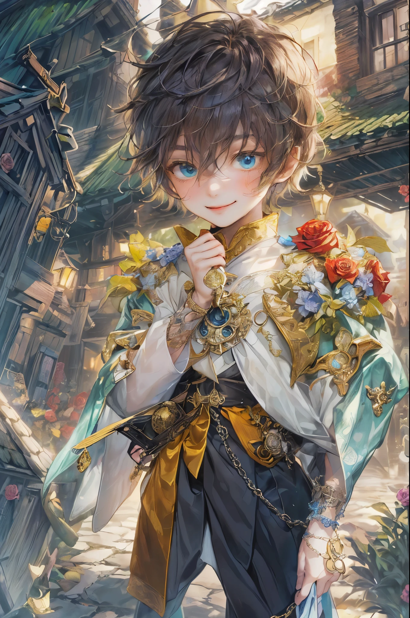 (((absurdres, highres, ultra detailed, perfect face), 1 boy , front view, young boy, handsome boy villain character from magic knight reyearth, short hair, anime eyes, mage clothes with colorful details, eyes on the viewer, add red details to picture and smirk, dimples, extremely detailed CG unity 8k wallpaper, add blue details on side, intricate details and add yellow details on left, rose ornaments, market background, detailed houses town scenery background, tim Burton style theme