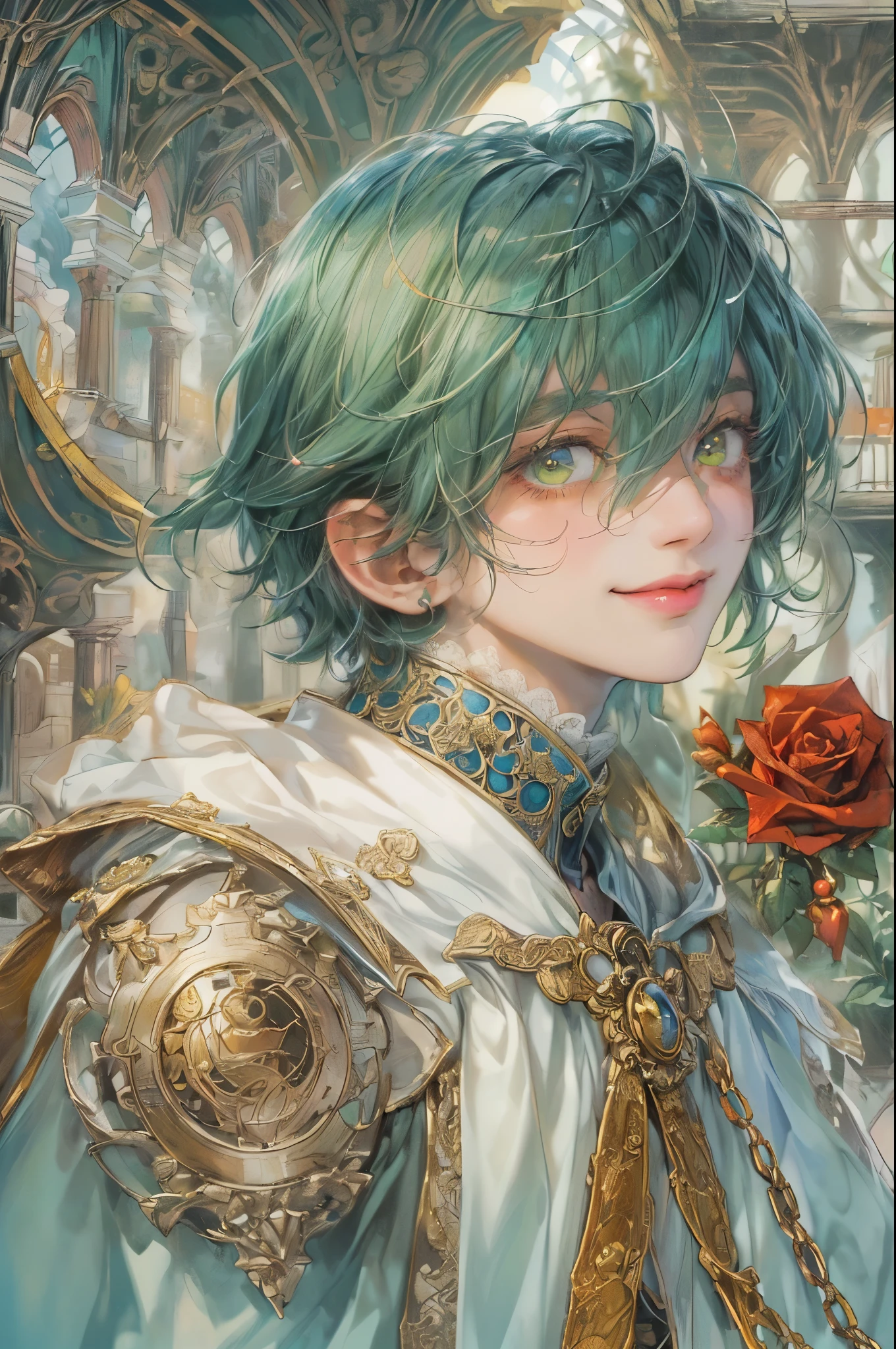 (((absurdres, highres, ultra detailed, perfect face), 1 boy , front view, young boy, handsome boy villain character from magic knight reyearth, short hair, anime eyes, mage clothes with colorful details, eyes on the viewer, add red details to picture and smirk, dimples, extremely detailed CG unity 8k wallpaper, add blue details on side, intricate details and add yellow details on left, rose ornaments, market background, detailed houses town scenery background, tim Burton style theme