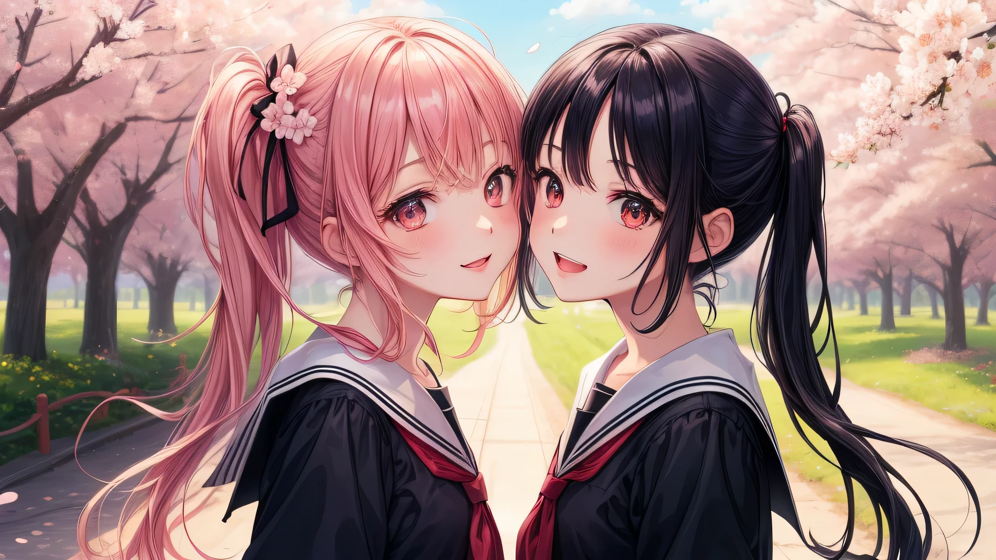 (2 girls:1.2), cute face, shining smile, twin tails, (school uniform, mini skirt:1.2), (highest quality: 1.4), (Super detailed), (highest quality:1.4), (super detailed), (cherry blossomsのトンネル in full bloom, cherry blossomsのトンネル), road, Day光, cherry blossoms, cherry blossoms, Sunny, cloud, Day, blue sky, (anime illustration), very high resolution, (Upper body), (close up face)