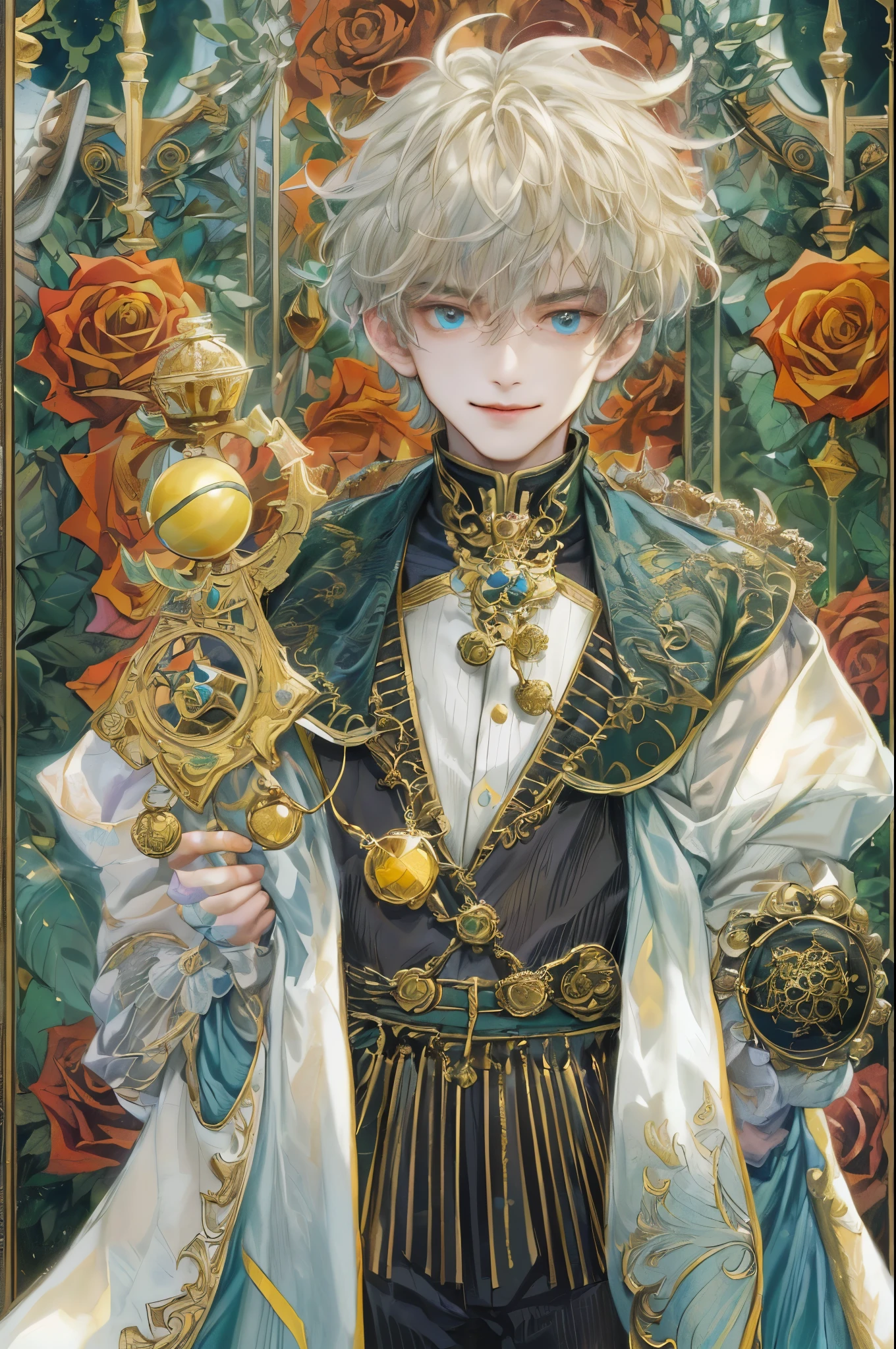 (((absurdres, highres, ultra detailed, perfect face), 1 boy , front view, young boy, handsome boy villain character from magic knight reyearth, short hair, anime eyes, mage clothes with colorful details, eyes on the viewer, add red details to picture and smirk, dimples, extremely detailed CG unity 8k wallpaper, add blue details on side, intricate details and add yellow details on left, rose ornaments, market background, detailed houses town scenery background, tim Burton style theme