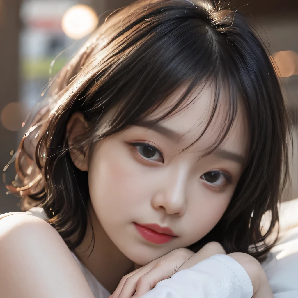 best image quality、RAW photo、超A high resolution、close up of face、8 year old pretty girl、Shooting for one person only、small breasts、beautiful clavicle、Tank top、gentle eyes、Beautiful eyes in every detail、very long term、beautiful eyelashes、beautiful double eyelids、thick and dark eyebrows、sleeping on my back in a big bed、random colored hair、Curly Short Bob、dark, thick, thick eyebrows、plump cheeks、smile、lightweight、tourist eyebrows、droopy eyes、amazing curly hair、small lips、no makeup、Quiet Girl、black eye、natural perm