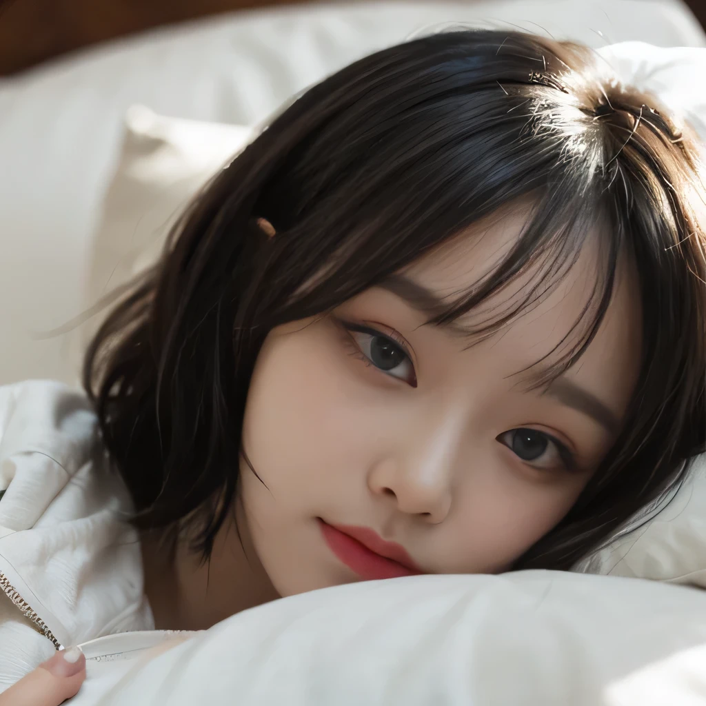 best image quality、RAW photo、超A high resolution、close up of face、8 year old pretty girl、Shooting for one person only、small breasts、beautiful clavicle、Tank top、gentle eyes、Beautiful eyes in every detail、very long term、beautiful eyelashes、beautiful double eyelids、thick and dark eyebrows、sleeping on my back in a big bed、random colored hair、Curly Short Bob、dark, thick, thick eyebrows、plump cheeks、smile、lightweight、tourist eyebrows、droopy eyes、amazing curly hair、small lips、no makeup、Quiet Girl、black eye、natural perm