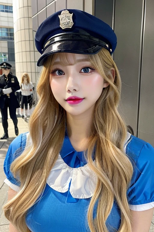 「A woman with long blonde curly hair、wearing a police hat、wearing a bright blue shirt。Her eyes are highlighted with bold makeup.、wearing bright pink lipstick。 This costume may be part of some event or character costume.。」