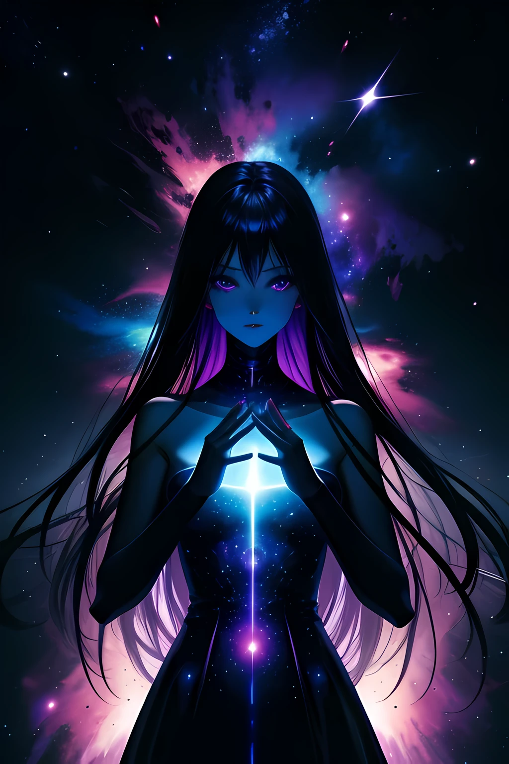 masterpiece, best quality, ultra high res, (abstract art:1.3), (dark art:1.3), deep shadow, dark theme, 1girl, cosmic dress, cosmic beauty, in space, nebula, nice hands, perfect hands,