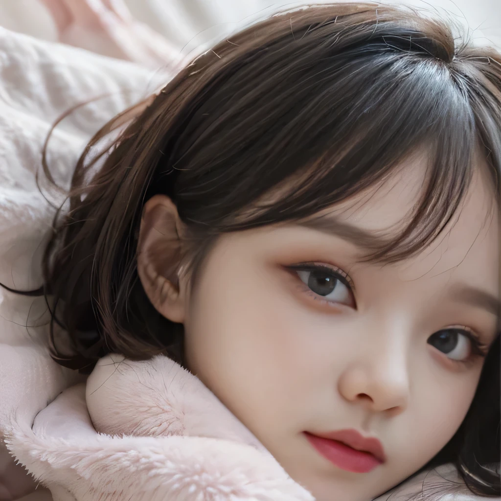 best image quality、RAW photo、超A high resolution、close up of face、8 year old pretty girl、Shooting for one person only、small breasts、beautiful clavicle、Tank top、gentle eyes、kind eyes(droopy eyes)、pale complexion(pale)、beautiful eyelashes、Clear double eyelids、sleeping on my back in a big bed、random colored hair、Curly Short Bob、dark, thick, thick eyebrows、plump cheeks、smile、lightweight、tourist eyebrows、droopy eyes、amazing curly hair、small lips、no makeup、Quiet Girl、black eye、natural perm、droopy eyes(emphasize)、no makeup、The corners of the eyes are drooping.、観光tourist eyebrows、Cod lips、