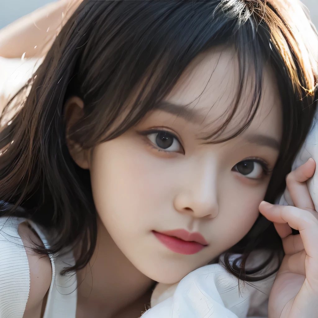 best image quality、RAW photo、超A high resolution、close up of face、8 year old pretty girl、Shooting for one person only、small breasts、beautiful clavicle、Tank top、gentle eyes、kind eyes(droopy eyes)、pale complexion(Blue-black)、beautiful eyelashes、Clear double eyelids、sleeping on my back in a big bed、random colored hair、Curly Short Bob、dark, plump cheeks、smile、lightweight、tourist eyebrows、droopy eyes、amazing curly hair、small lips、no makeup、Quiet Girl、black eye、tight natural perm、droopy eyes(emphasize)、no makeup、The corners of the eyes are drooping.、観光tourist eyebrows、Cod lips、The distance between the eyes is narrow、