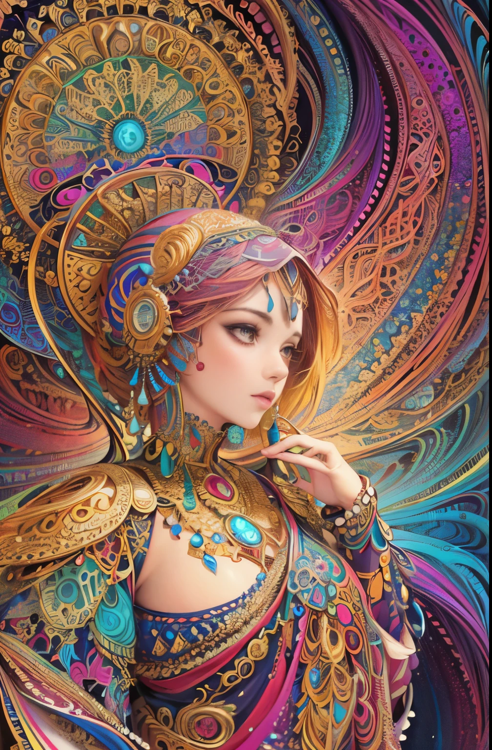 (masterpiece, top quality, best quality, official art, beautiful and aesthetic:1.2), (1girl:1.3), extremely detailed,(fractal art:1.2),colorful,highest detailed,(zentangle:1.2), (dynamic pose), (abstract background:1.5), (treditional dress:1.2), (shiny skin), (many colors:1.4), upper body