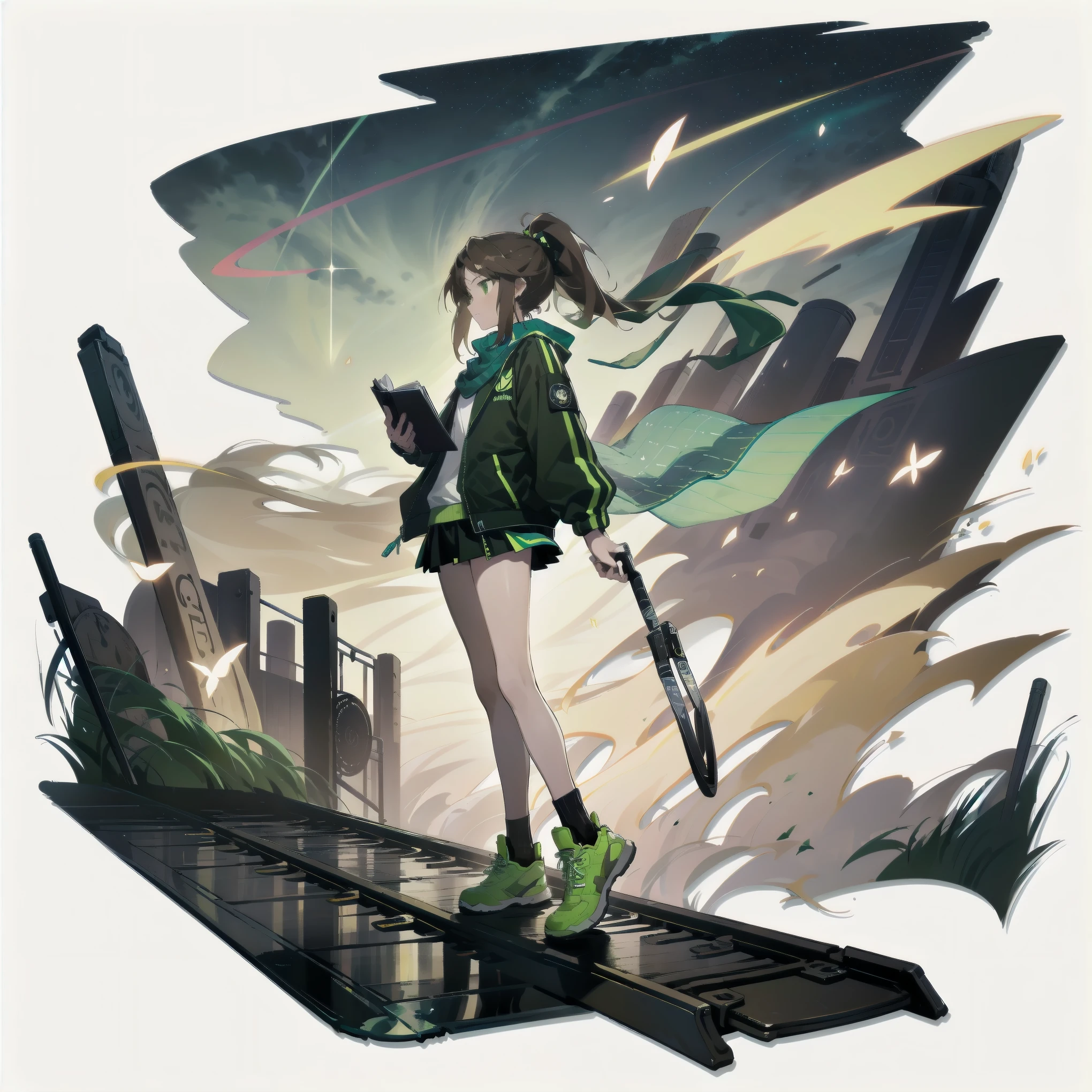 [(White background:1.15), ::2]alone, medium shot, whole body, stand，His expression was solemn，look into the distance，Brown ponytail，green eyes，flutter scarf，green windbreaker，short skirt，sports shoes，Dark night city background in the distance，punk style，white stroke,The magic book in hand，starry sky，walk on track，Two dimensions