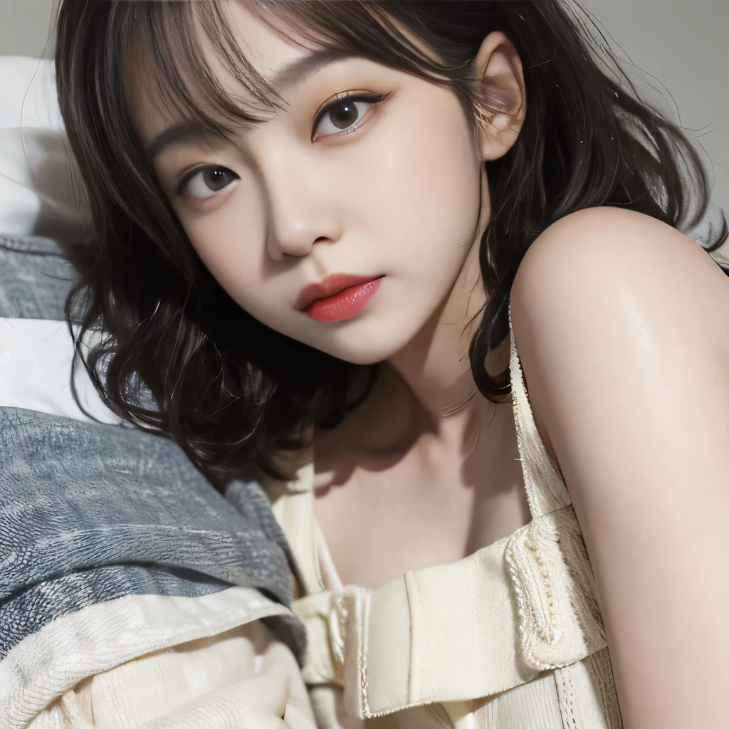 best image quality、RAW photo、超A high resolution、close up of face、8 pretty girl、Shooting for one person only、small breasts、beautiful clavicle、Tank top、gentle eyes、kind eyes(droopy eyes)、pale complexion(Blue-black)、beautiful eyelashes、Clear double eyelids、sleeping on my back in a big bed、black hair、Curly Short Bob、dark, plump cheeks、smile、lightweight、eyebrow(thick、dark)、droopy eyes、amazing curly hair、small lips、no makeup、Quiet Girl、black eye、tight natural perm、droopy eyes(emphasize)、no makeup、The corners of the eyes are drooping.、ゲジゲジeyebrow、Cod lips、The distance between the eyes is narrow、sleeping head、