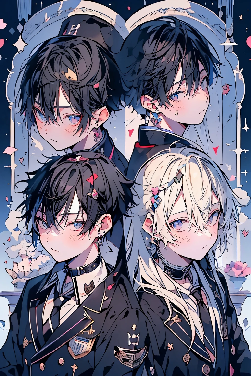 (muste piece), (best quality), very detailed, (((Two friendly high school boys:1.5))), perfect face, beautiful face, very detailed face,(white haired man:1.3),(black haired man:1.3),School,classroom,student uniform,tie,shirt