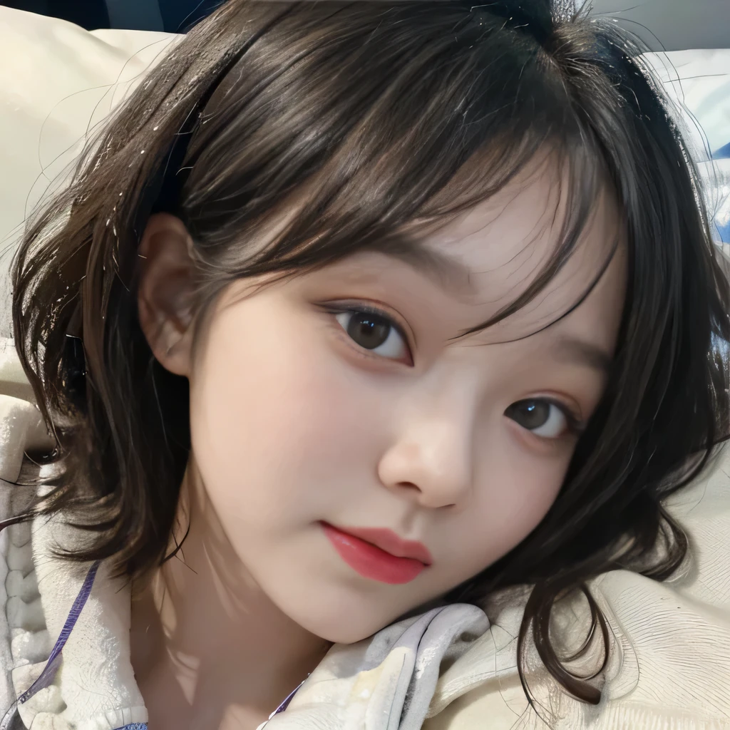 best image quality、RAW photo、超A high resolution、close up of face、8 year old pretty girl、Shooting for one person only、small breasts、beautiful clavicle、Tank top、gentle eyes、Beautiful eyes in every detail、very long term、beautiful eyelashes、beautiful double eyelids、thick and dark eyebrows、sleeping on my back in a big bed、random colored hair、Curly Short Bob、dark, thick, thick eyebrows、plump cheeks、smile、lightweight、tourist eyebrows、droopy eyes、amazing curly hair、small lips、no makeup、Quiet Girl、black eye、natural perm